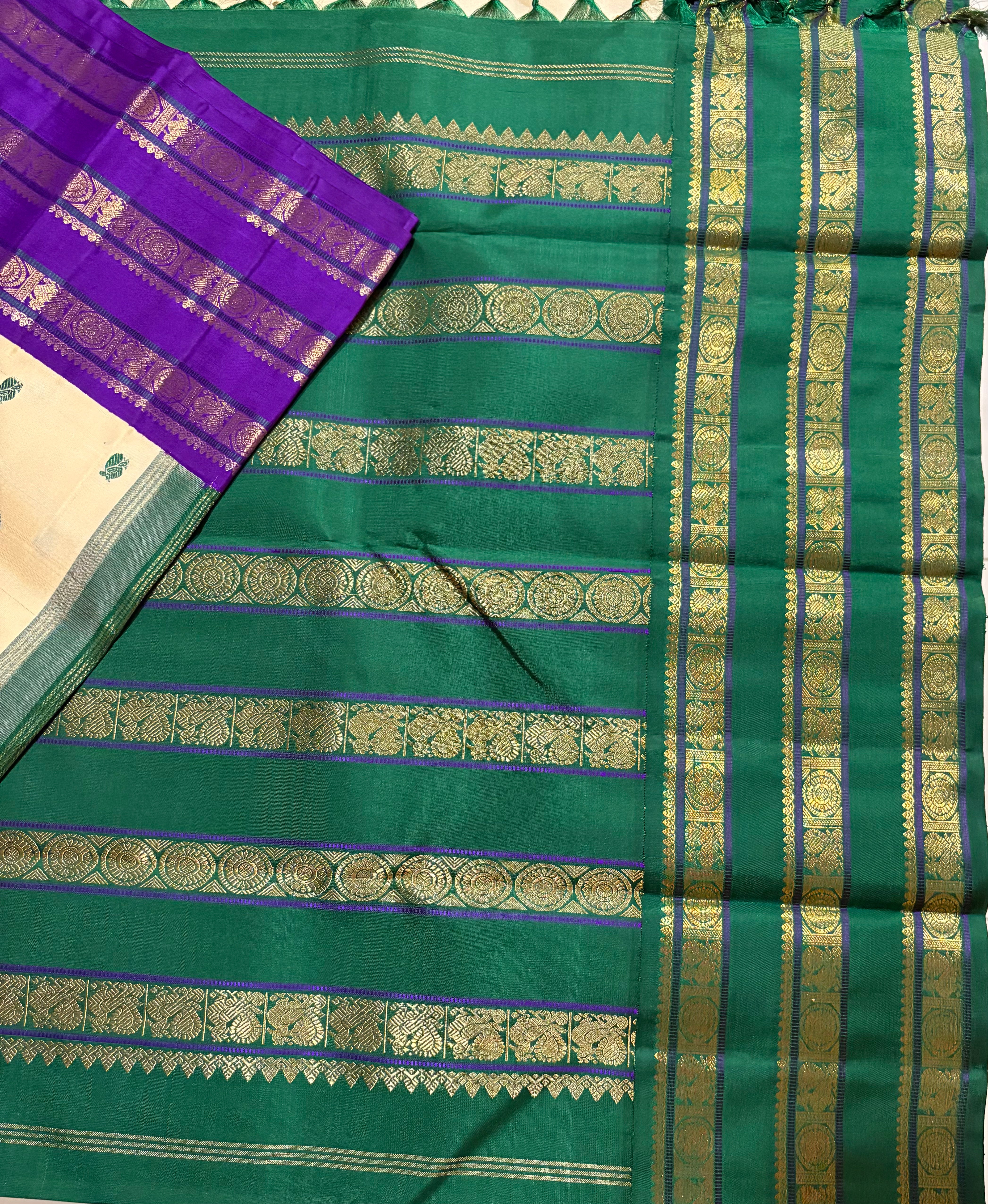 Rich Cream Korvai Handloom Kanjivaram Silk Saree with Ganga Jamuna Border - RK0248