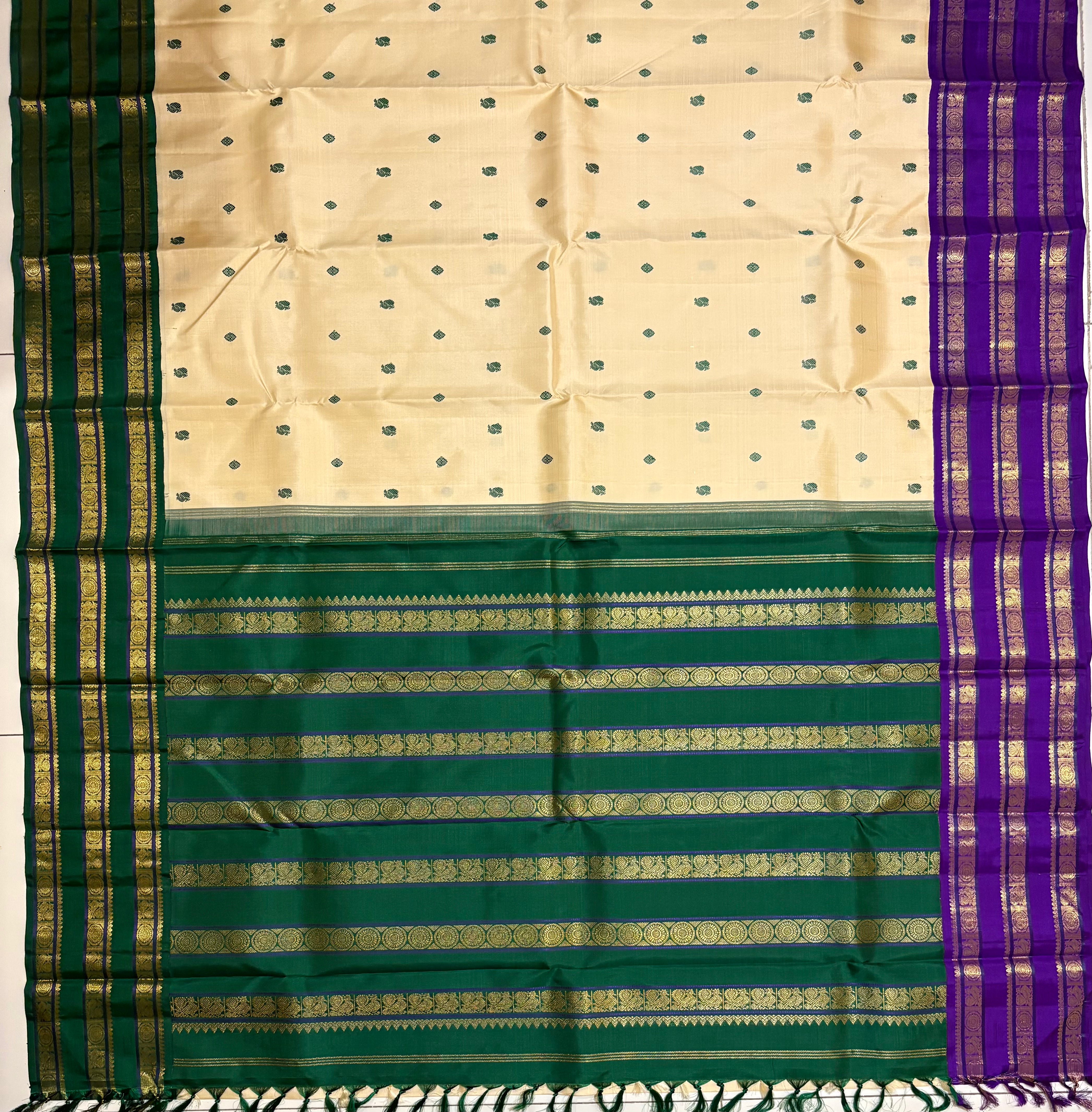 Rich Cream Korvai Handloom Kanjivaram Silk Saree with Ganga Jamuna Border - RK0248