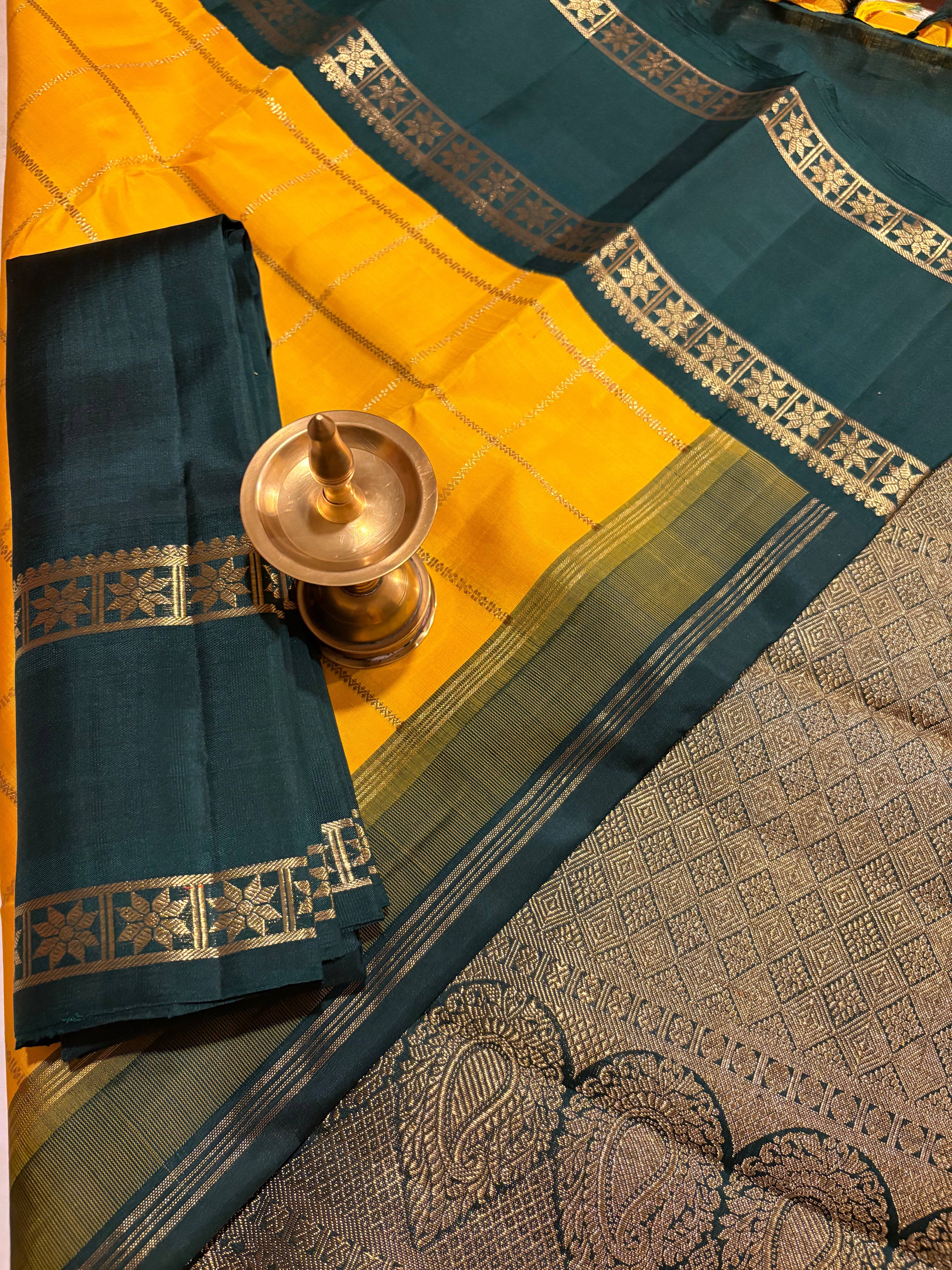 Bright Yellow Veldhari Kattam Korvai Handloom Kanjivaram Silk Saree with Bottle Green Border - RK0479
