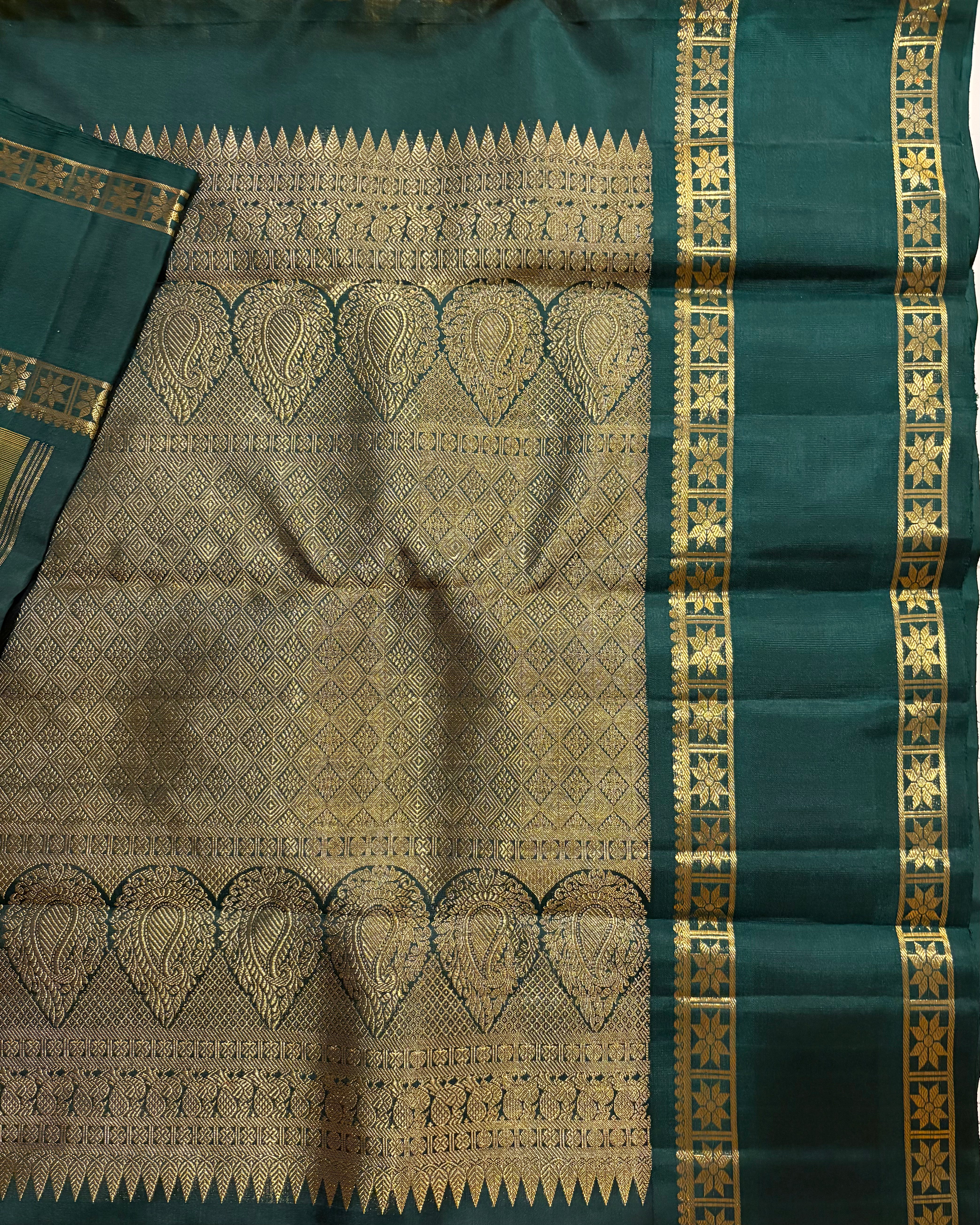 Bright Yellow Veldhari Kattam Korvai Handloom Kanjivaram Silk Saree with Bottle Green Border - RK0479