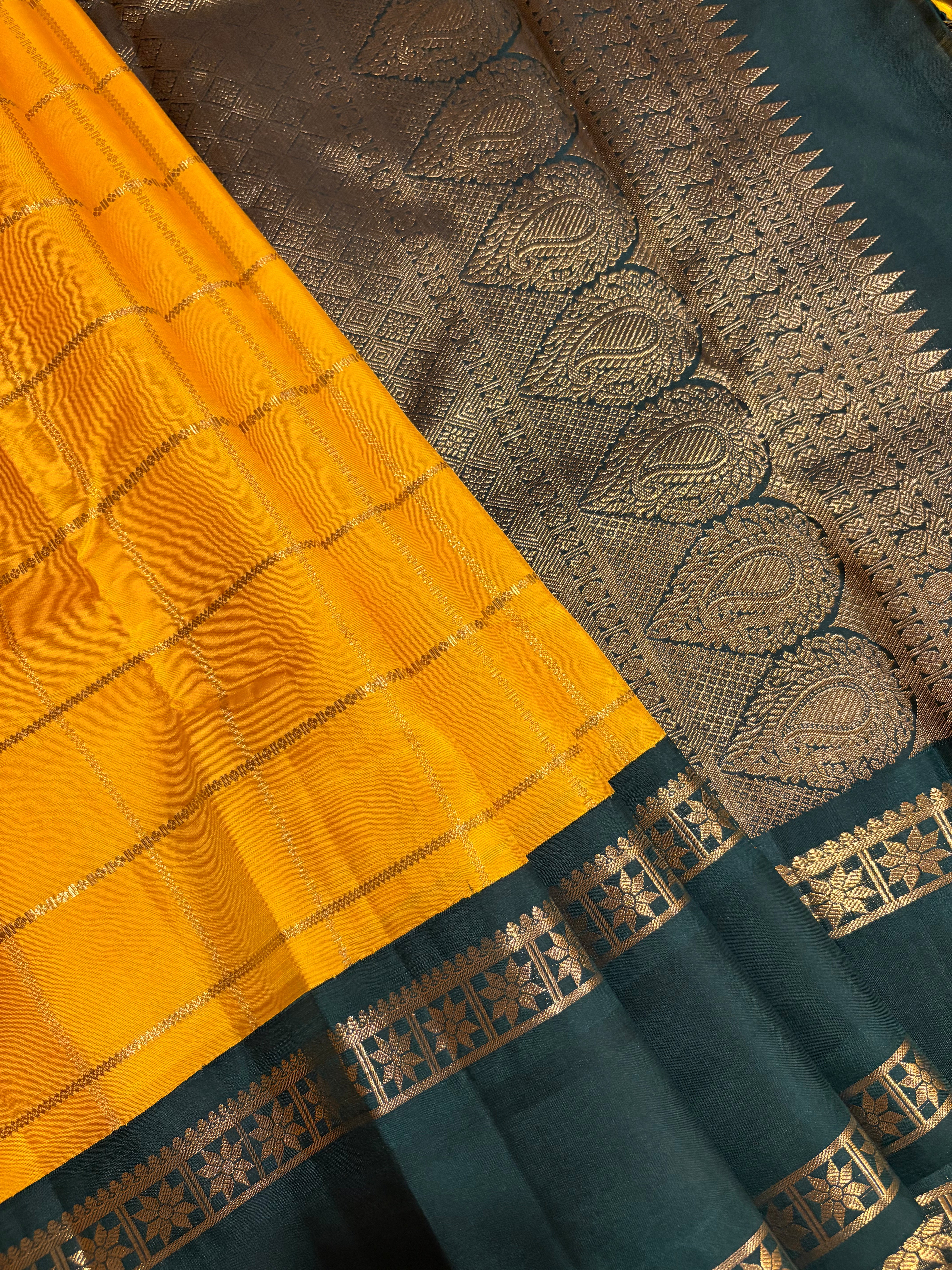 Bright Yellow Veldhari Kattam Korvai Handloom Kanjivaram Silk Saree with Bottle Green Border - RK0479