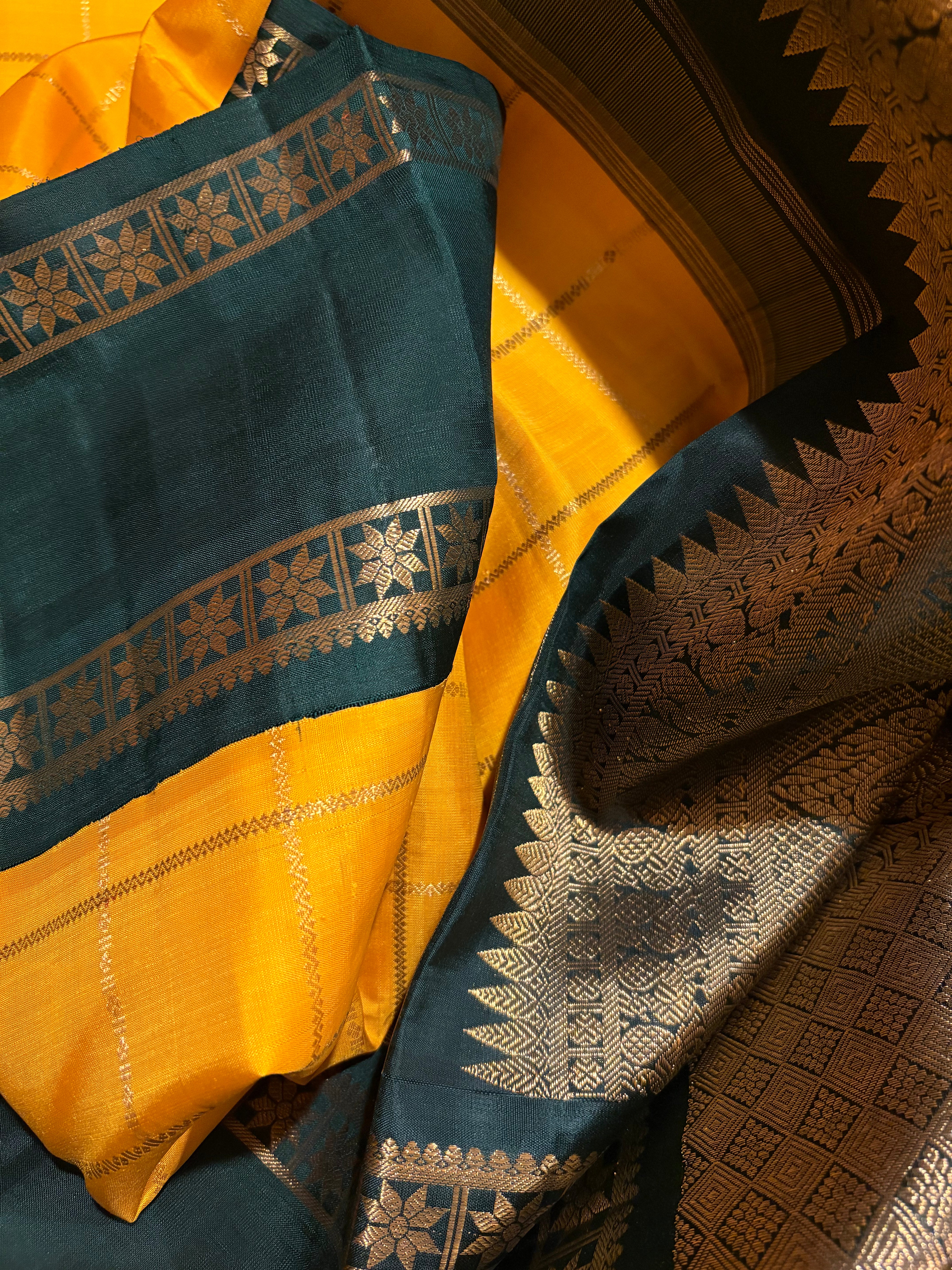 Bright Yellow Veldhari Kattam Korvai Handloom Kanjivaram Silk Saree with Bottle Green Border - RK0479