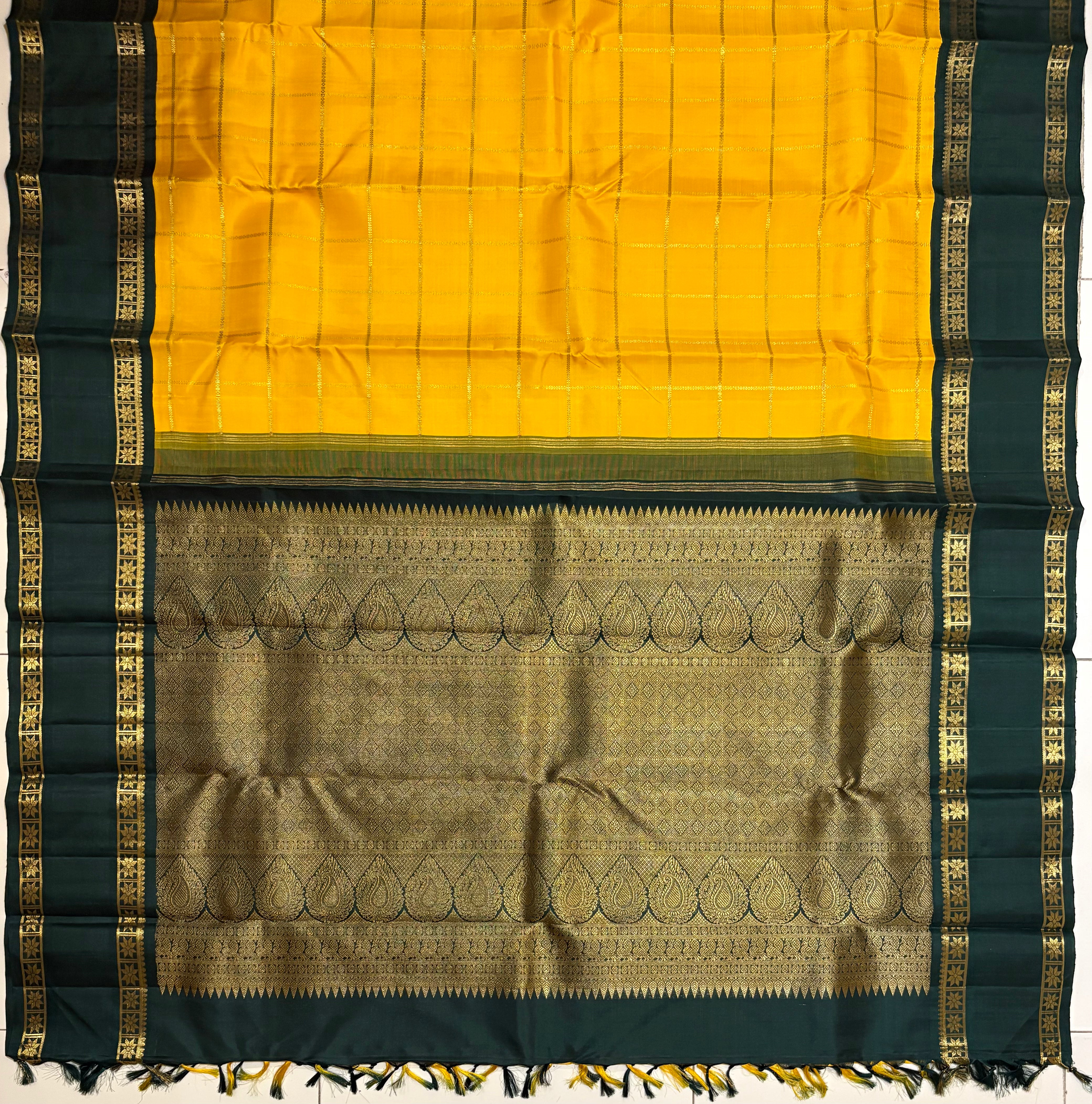 Bright Yellow Veldhari Kattam Korvai Handloom Kanjivaram Silk Saree with Bottle Green Border - RK0479