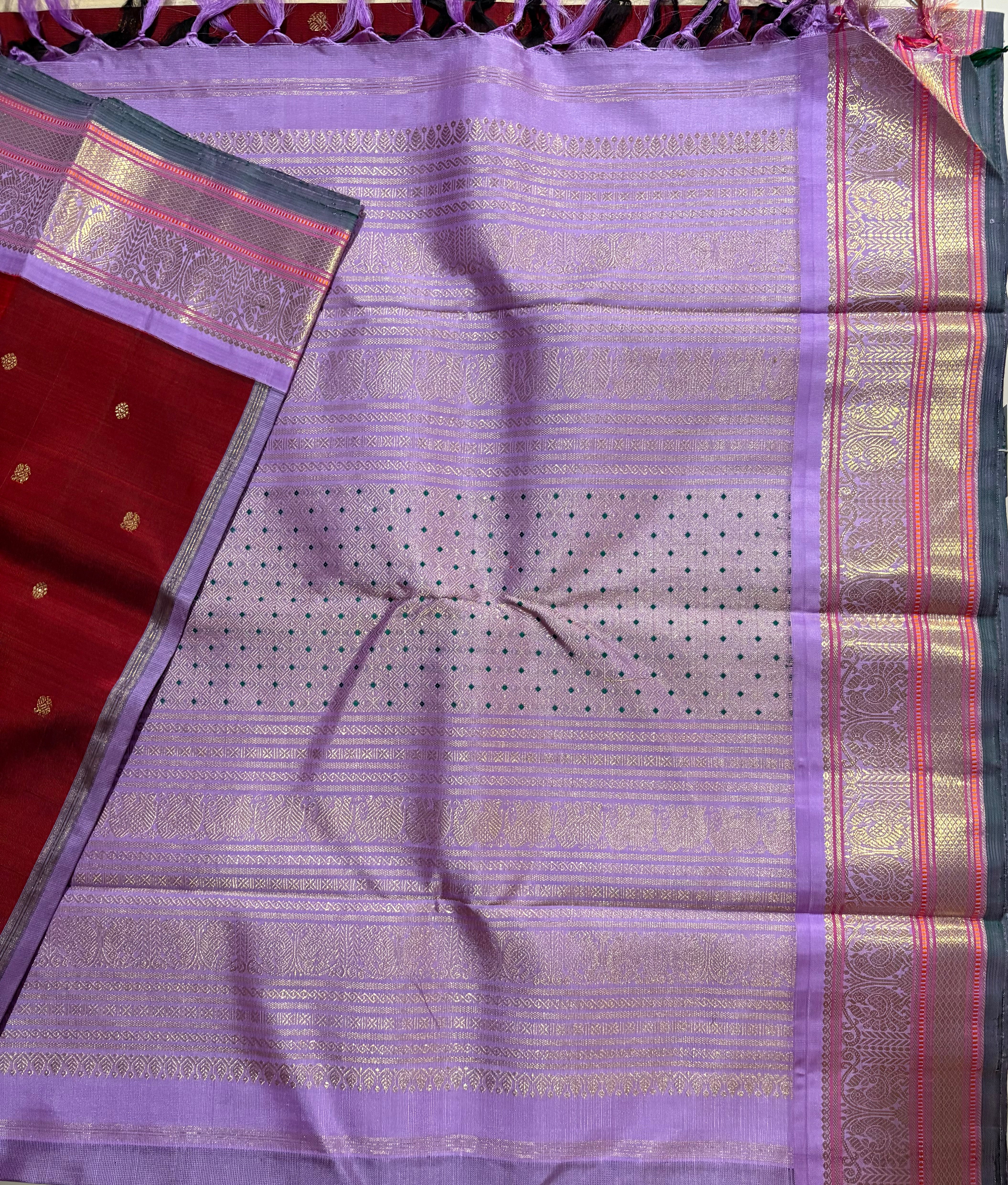 V Paaku Korvai Handloom Kanjivaram Silk Saree with Lavender Border - RK0364