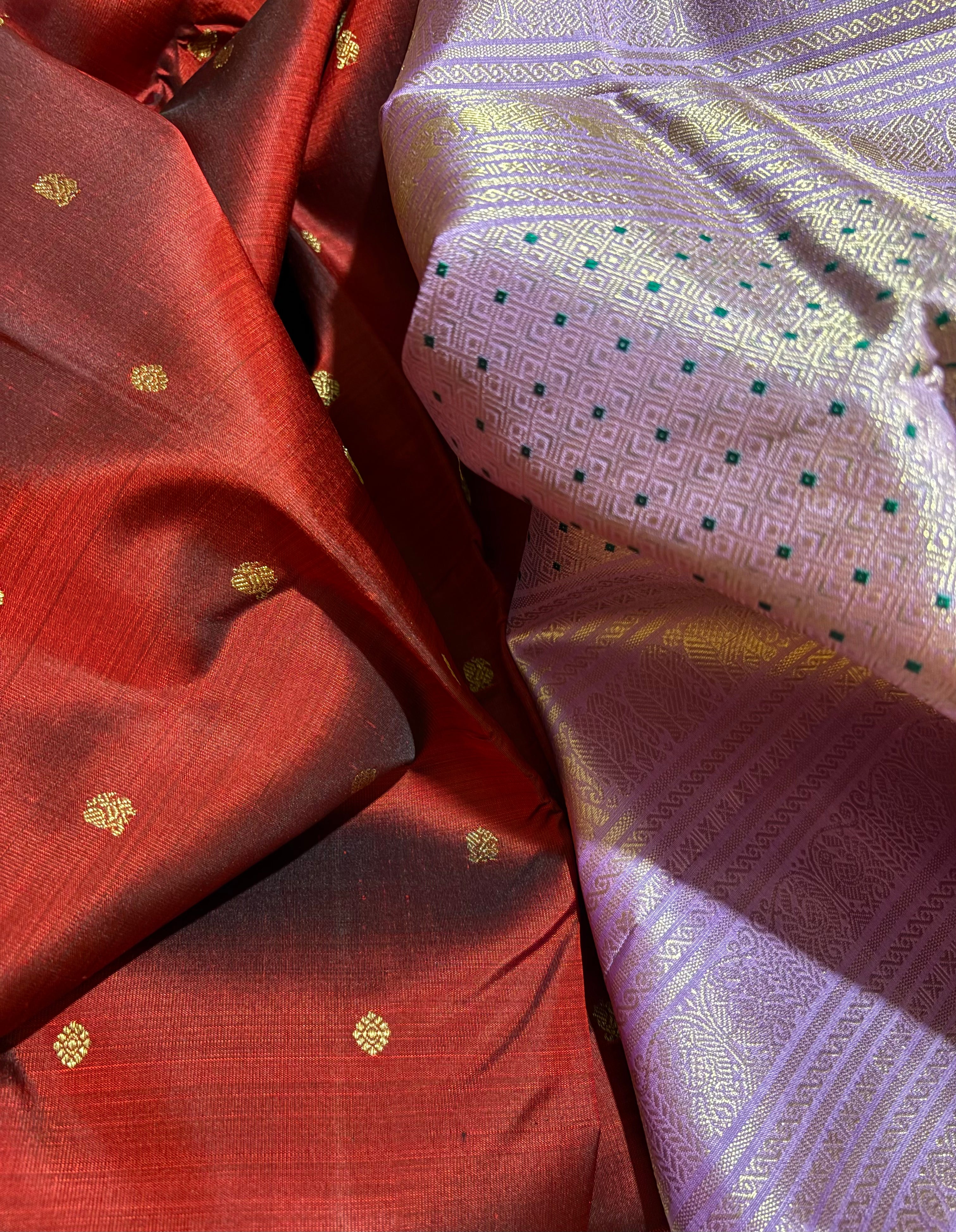 V Paaku Korvai Handloom Kanjivaram Silk Saree with Lavender Border - RK0364