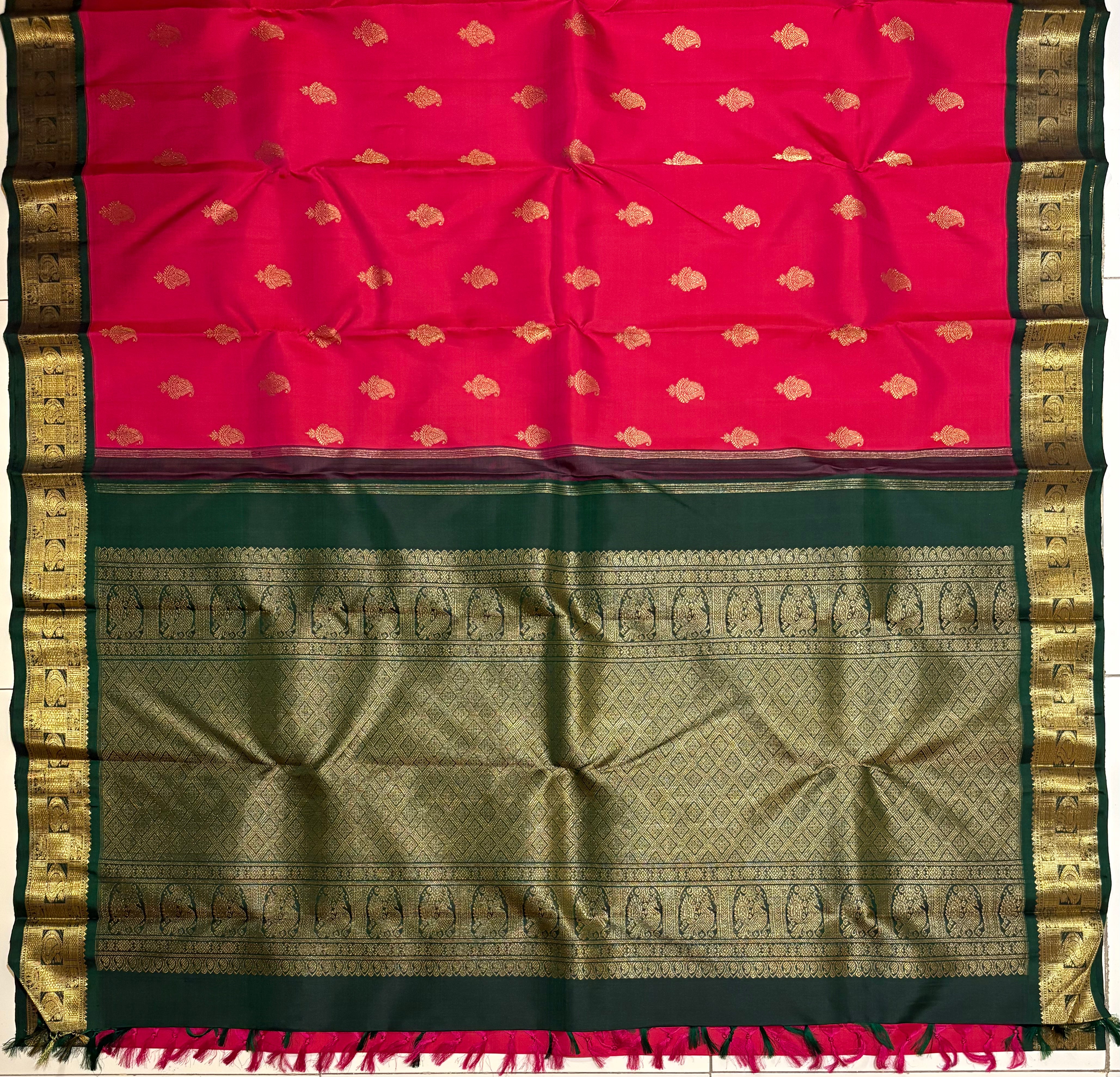 Reddish Pink Korvai Handloom Kanjivaram Silk Saree with dark Green border - RK0194