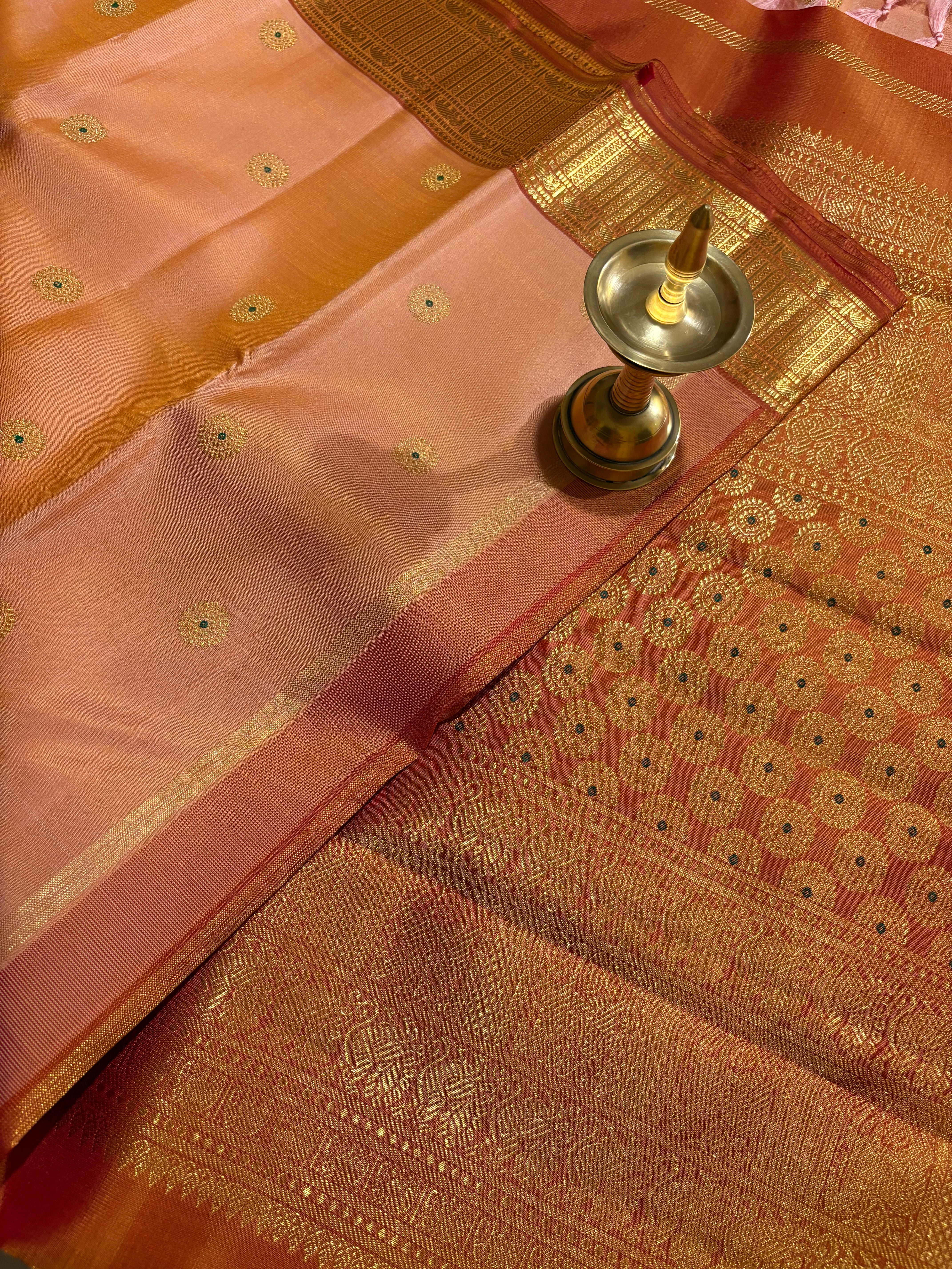 Peach monotone Handloom Kanjivaram Silk saree with Meenakari Buttas - RK0487