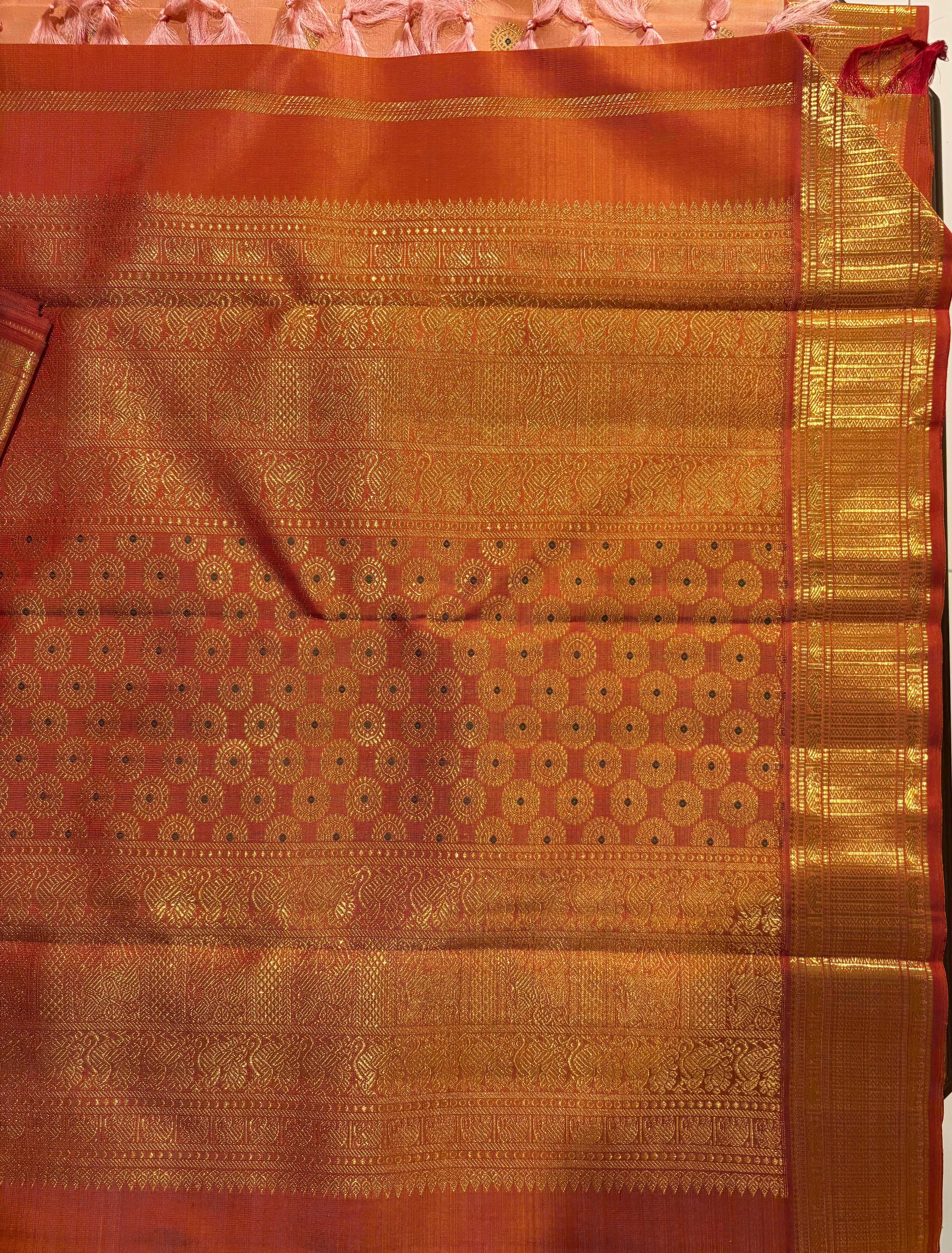 Peach monotone Handloom Kanjivaram Silk saree with Meenakari Buttas - RK0487