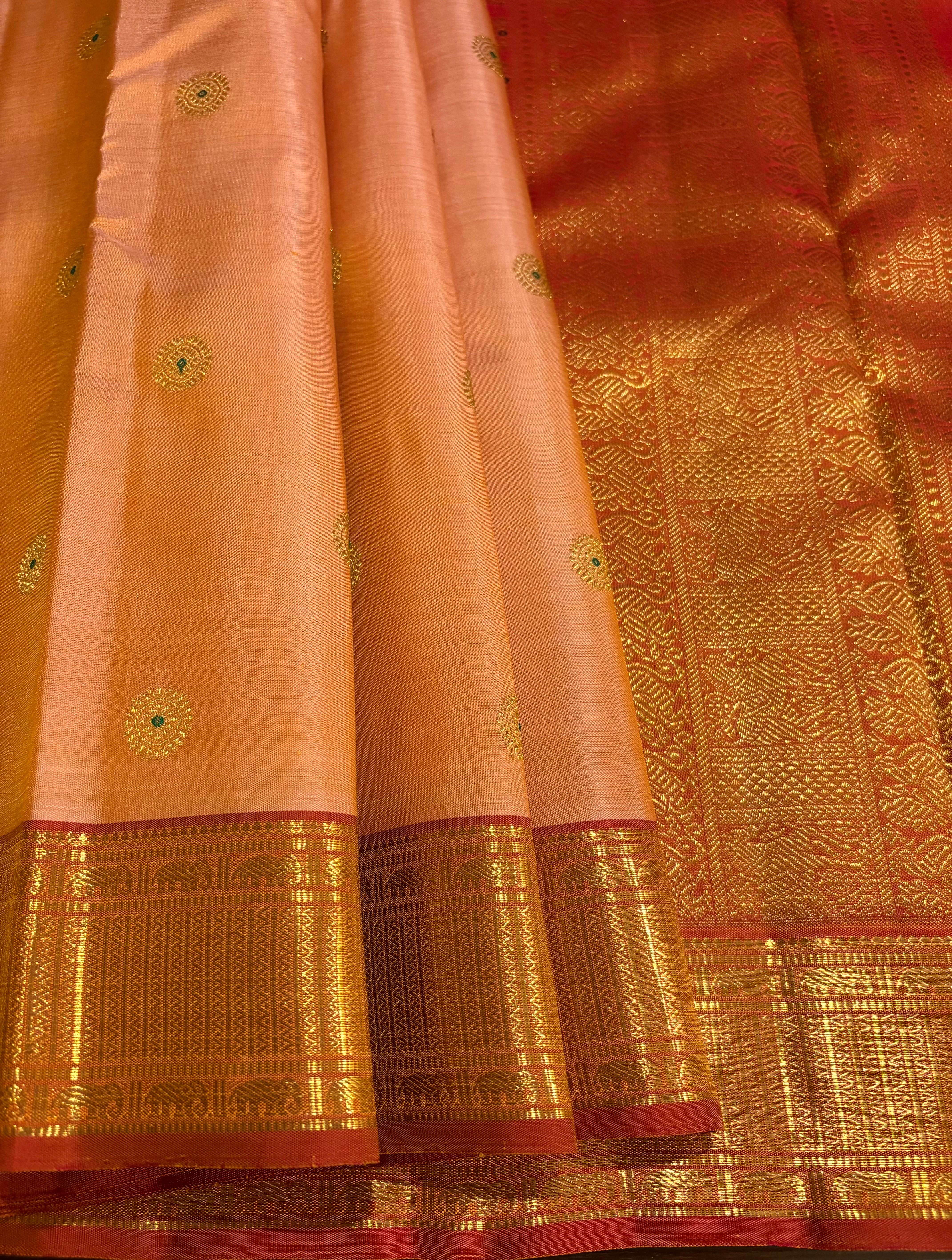 Peach monotone Handloom Kanjivaram Silk saree with Meenakari Buttas - RK0487