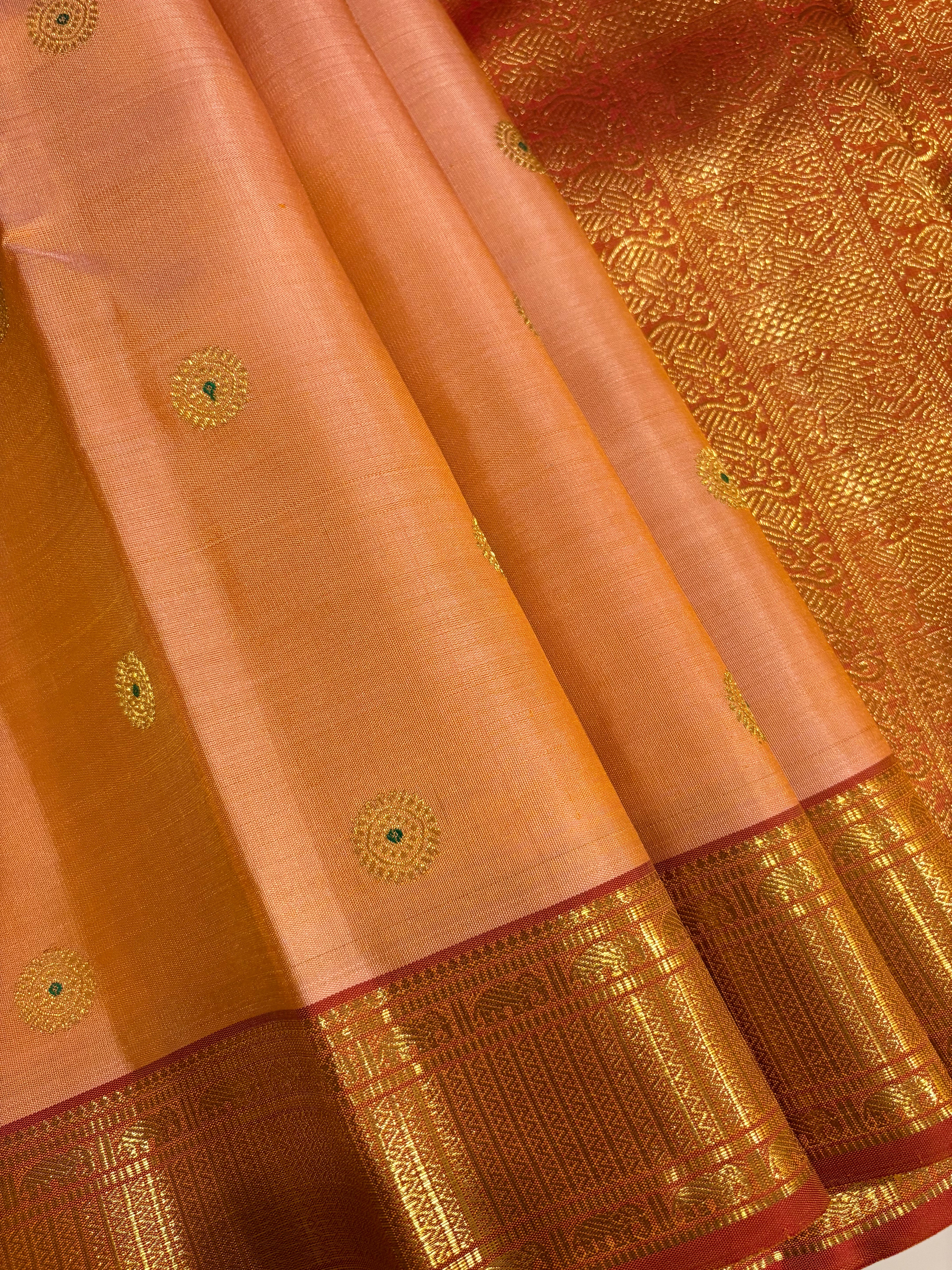 Peach monotone Handloom Kanjivaram Silk saree with Meenakari Buttas - RK0487