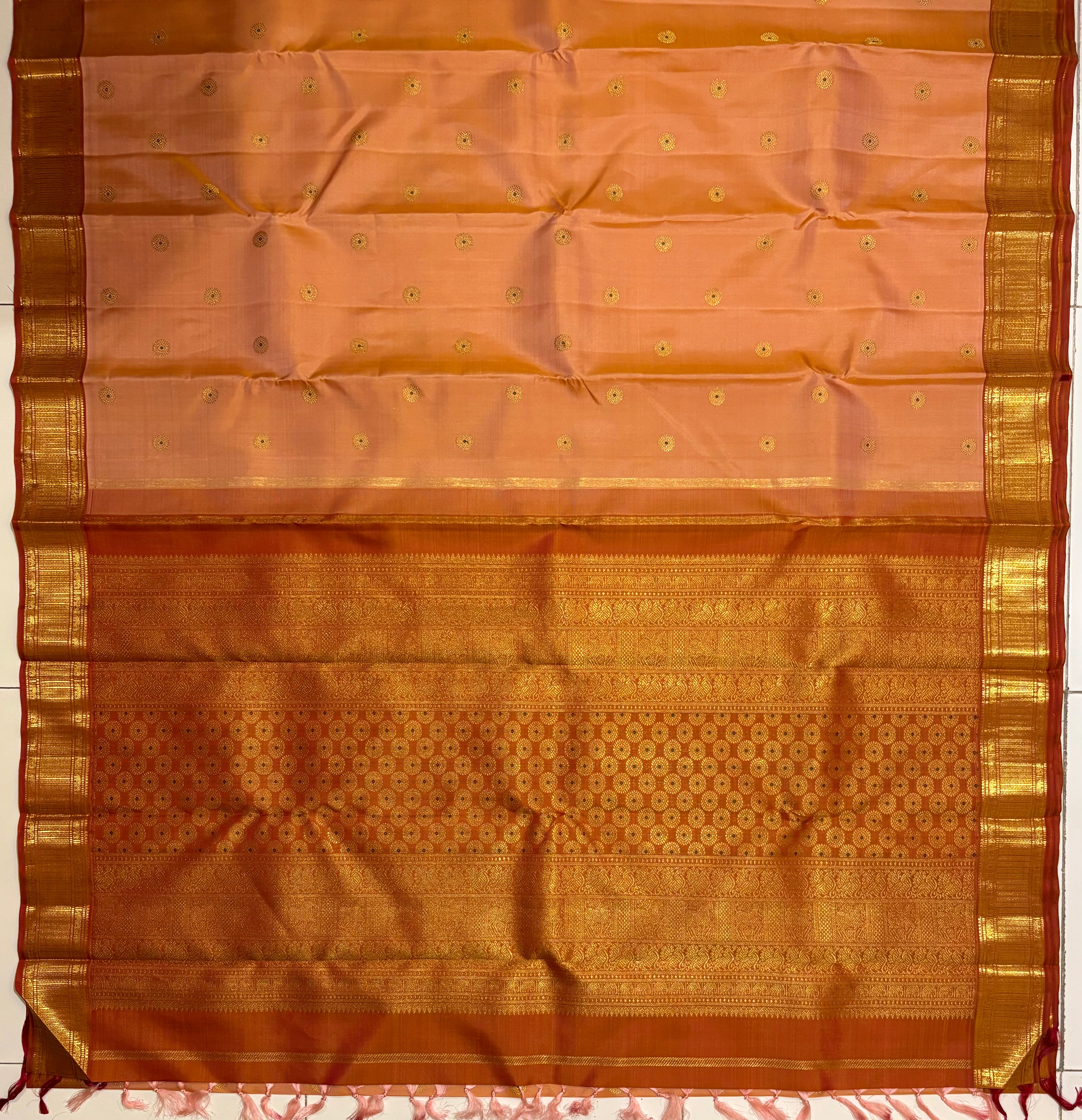 Peach monotone Handloom Kanjivaram Silk saree with Meenakari Buttas - RK0487