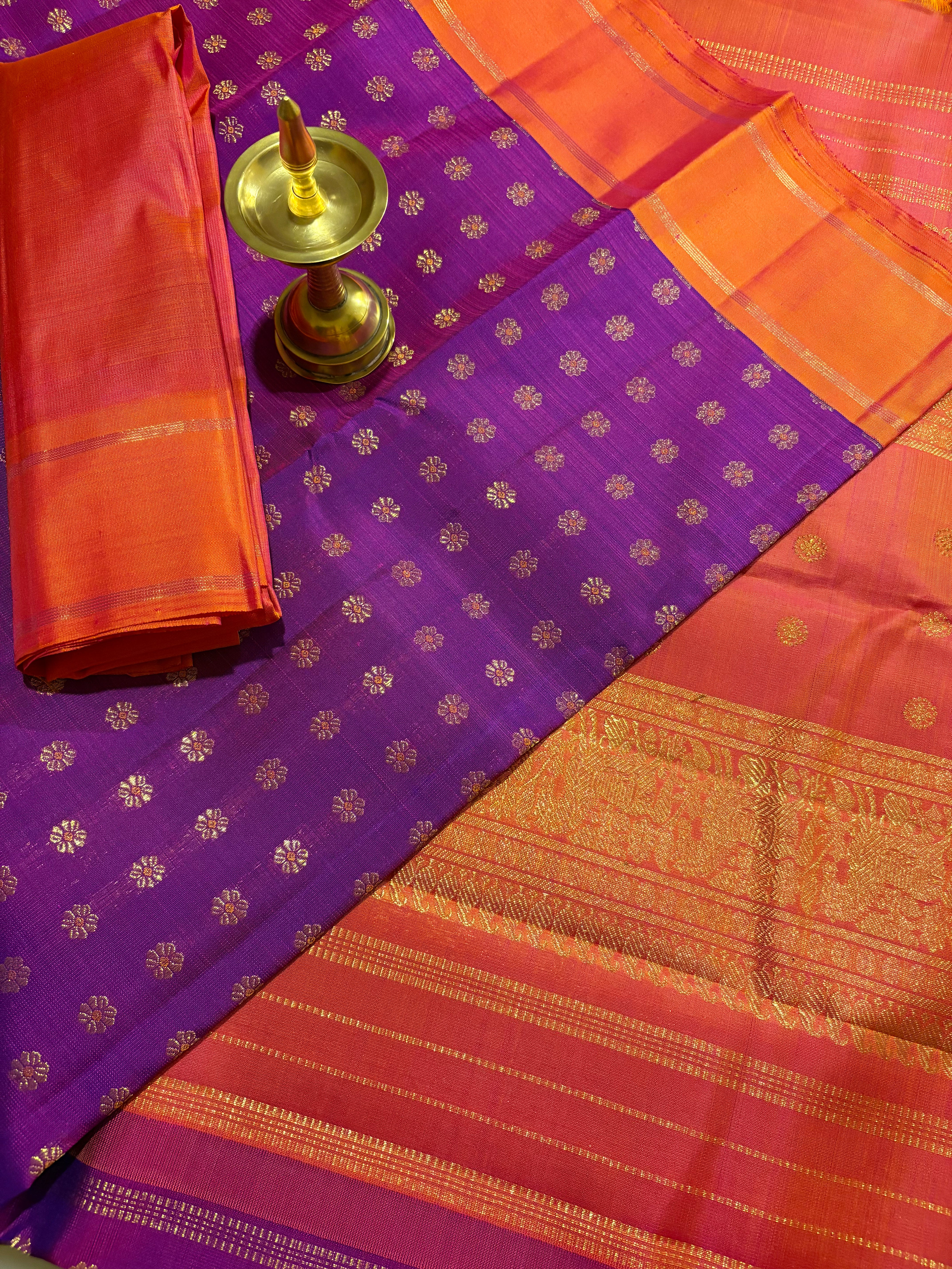 Purple Kanjivaram silk Saree with Orange Border - RK0499