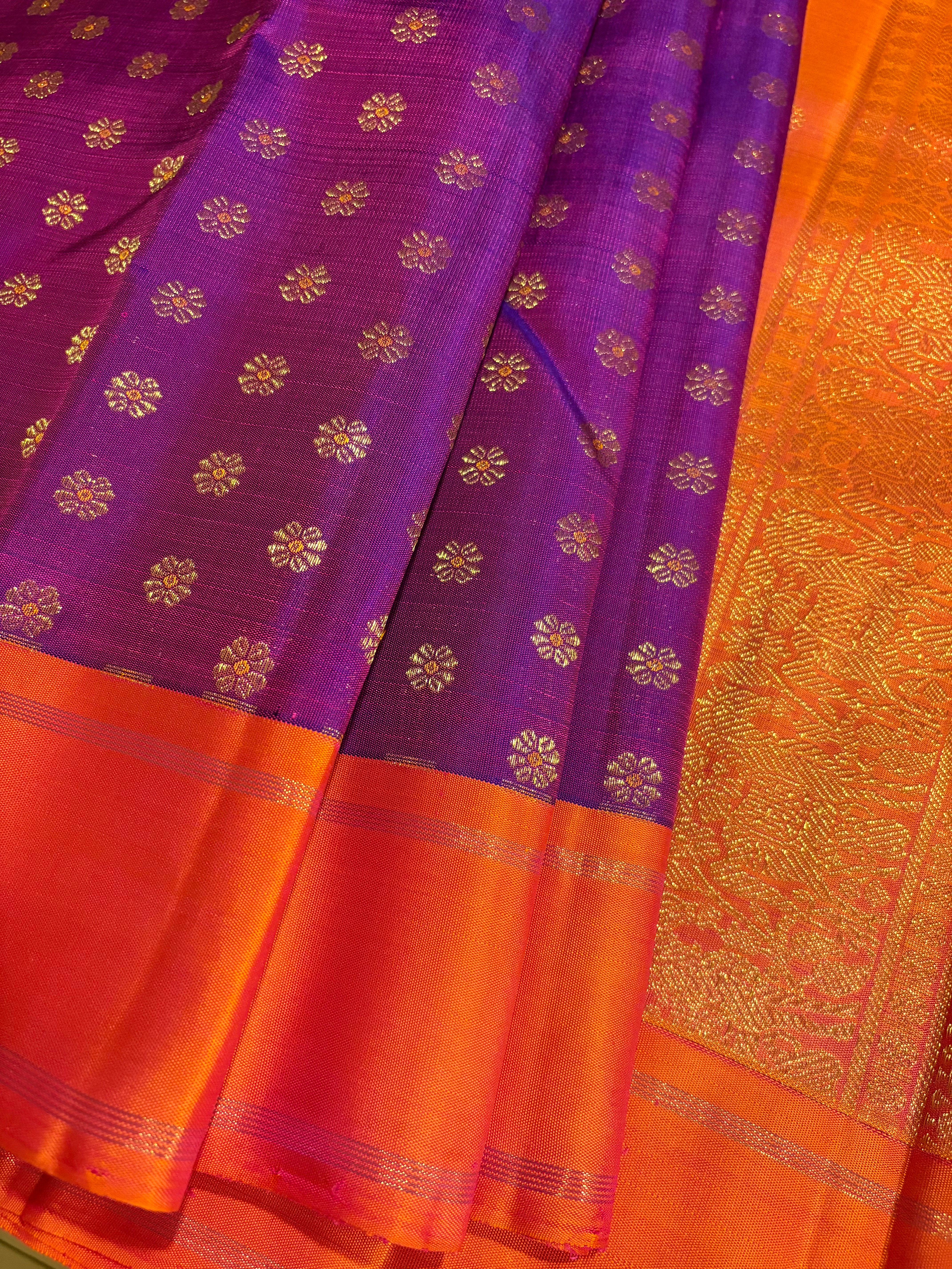 Purple Kanjivaram silk Saree with Orange Border - RK0499