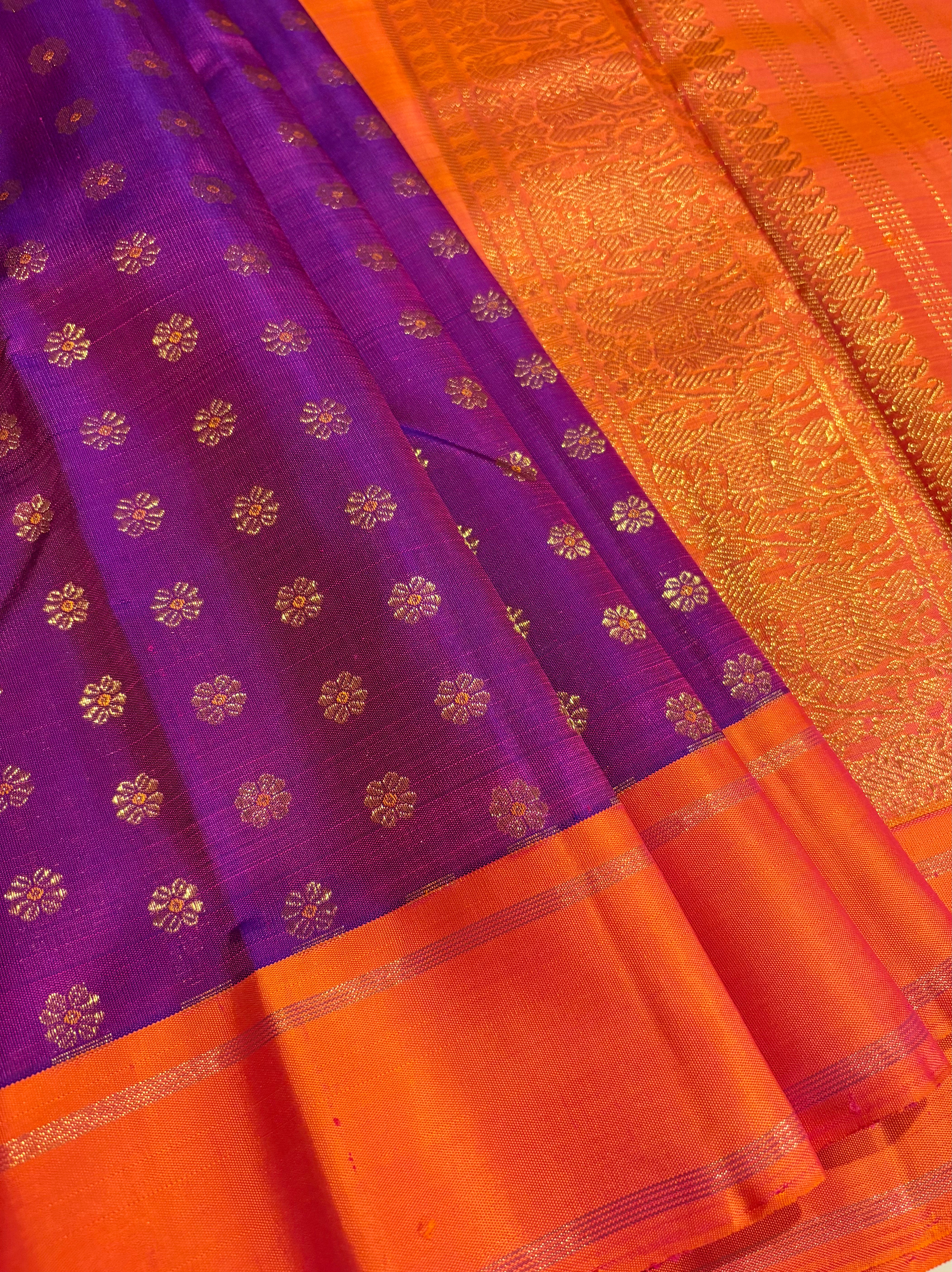 Purple Kanjivaram silk Saree with Orange Border - RK0499