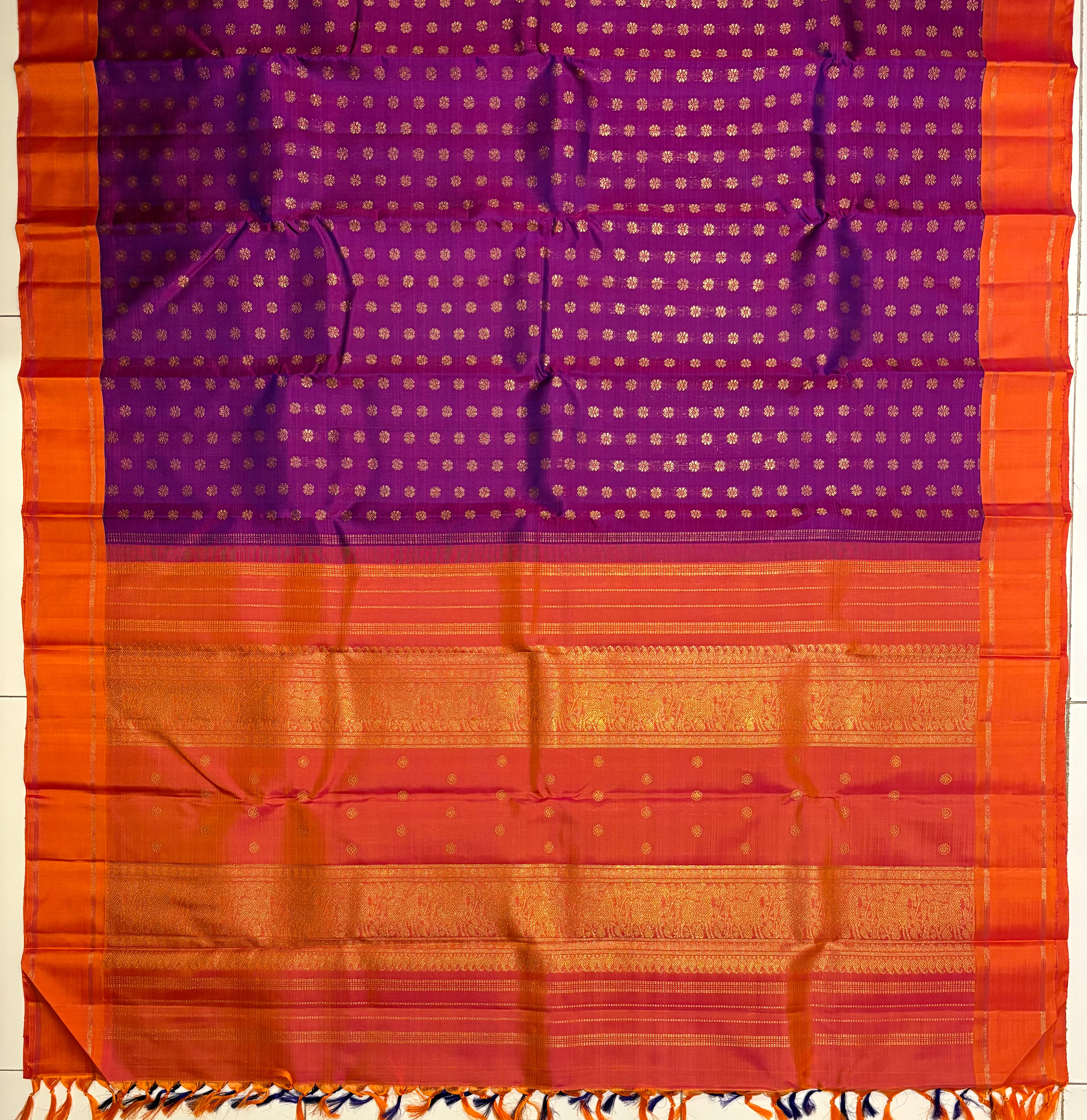 Purple Kanjivaram silk Saree with Orange Border - RK0499