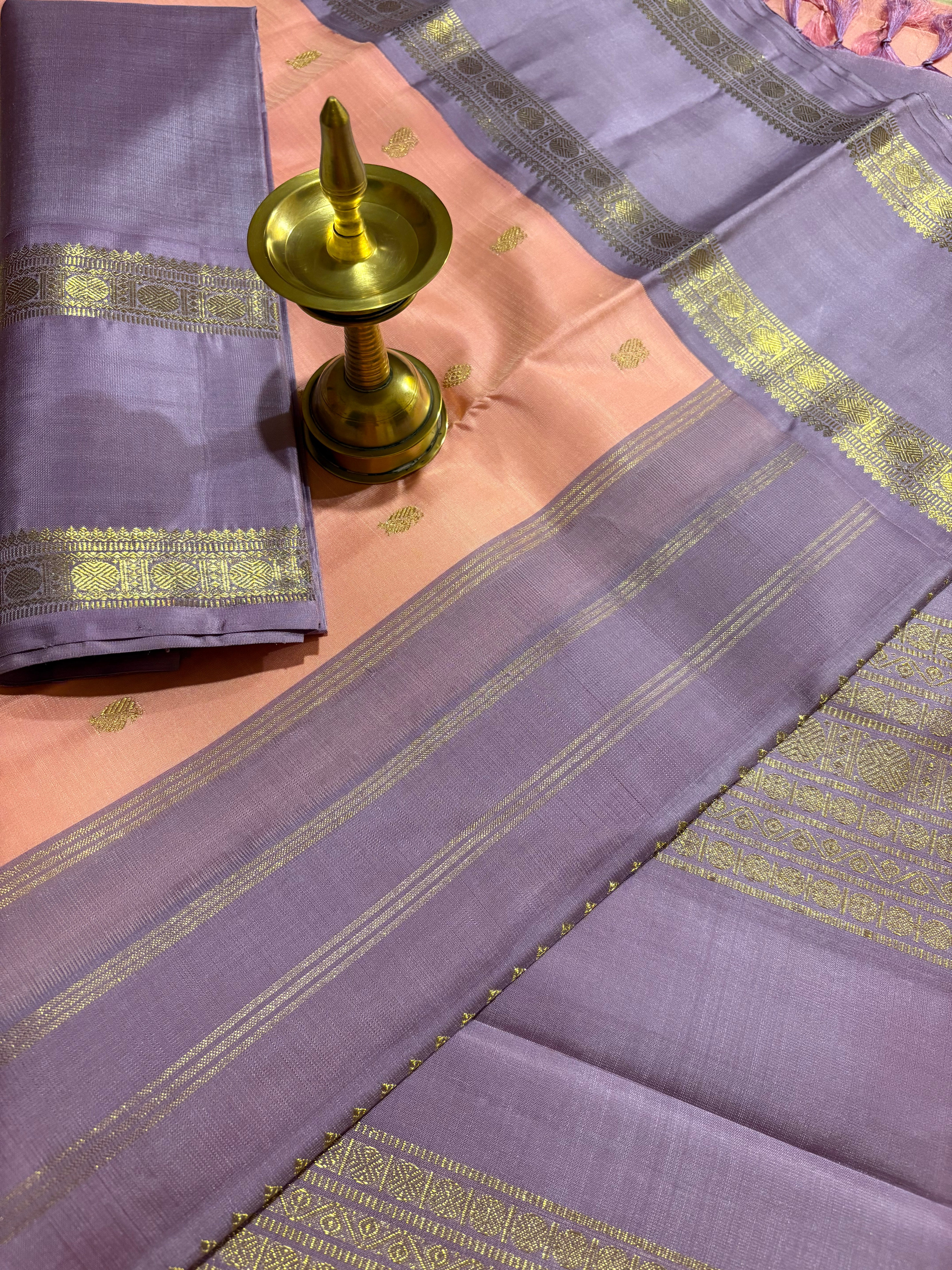 Pastel Peach Korvai Handloom Kanjivaram Silk Saree with Pastel Mauve border - RK0469