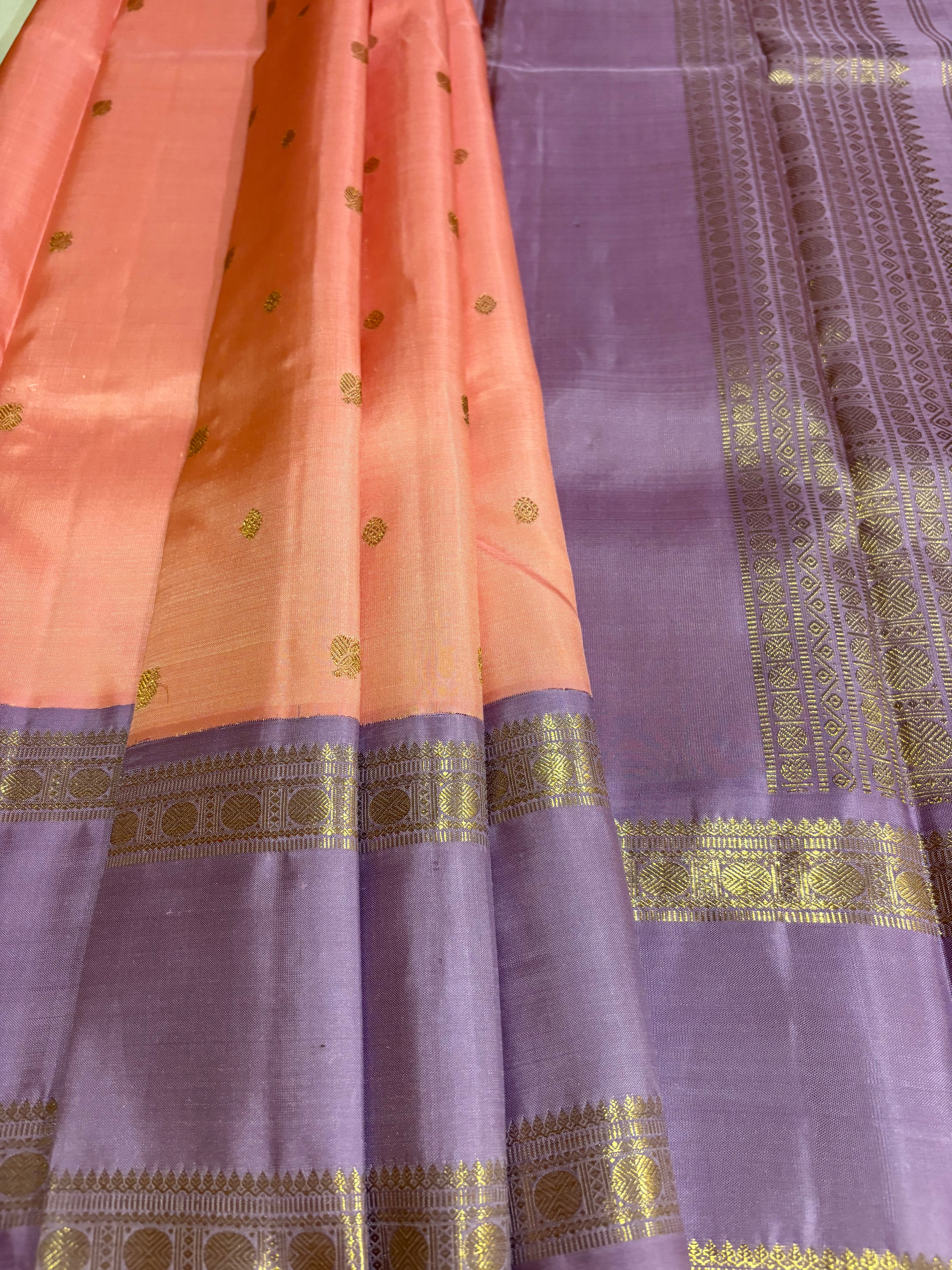 Pastel Peach Korvai Handloom Kanjivaram Silk Saree with Pastel Mauve border - RK0469