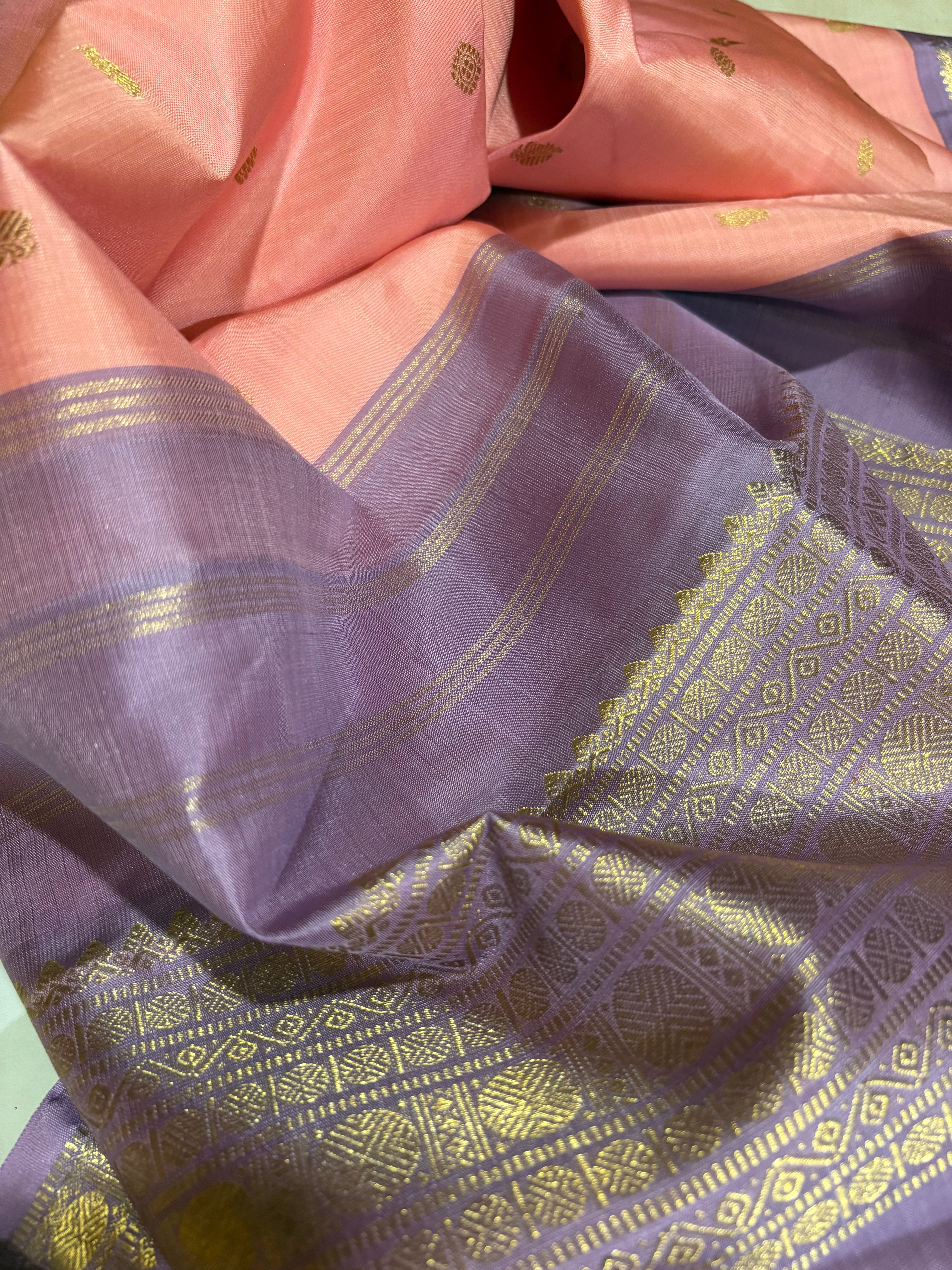 Pastel Peach Korvai Handloom Kanjivaram Silk Saree with Pastel Mauve border - RK0469