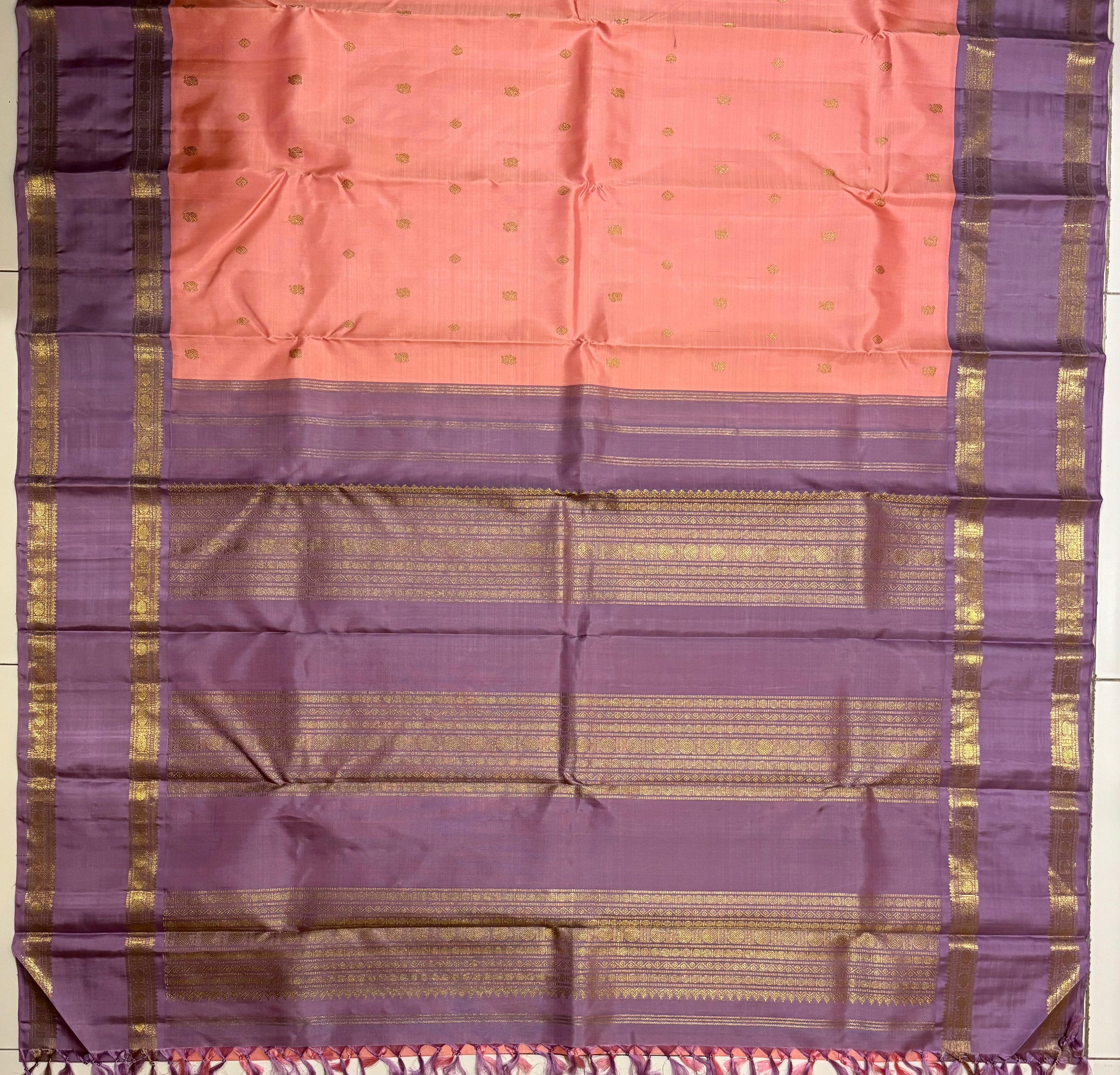 Pastel Peach Korvai Handloom Kanjivaram Silk Saree with Pastel Mauve border - RK0469