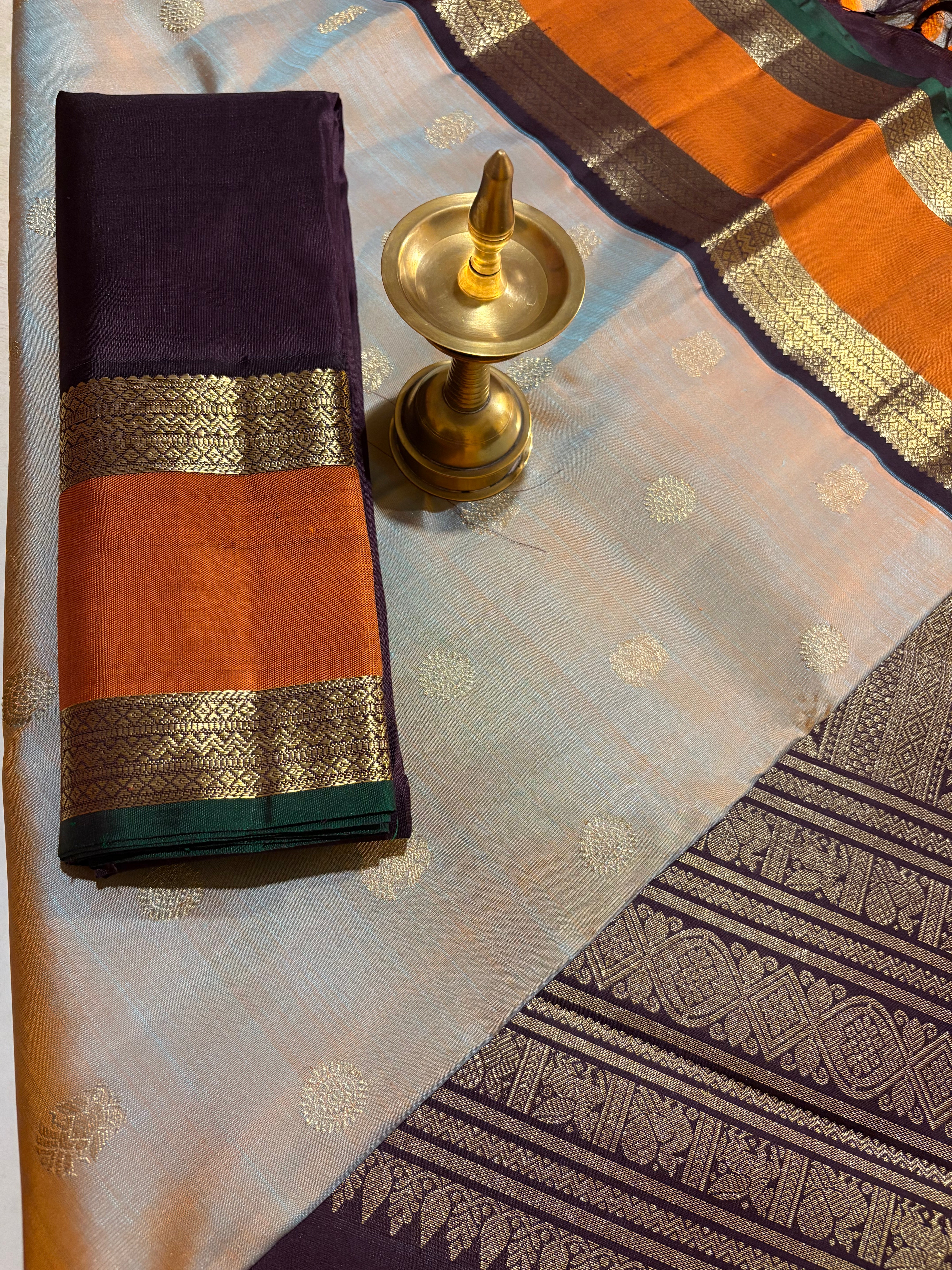 Orangish Grey Korvai Handloom Kanjivaram Silk Saree with Kanchana border - RK0359
