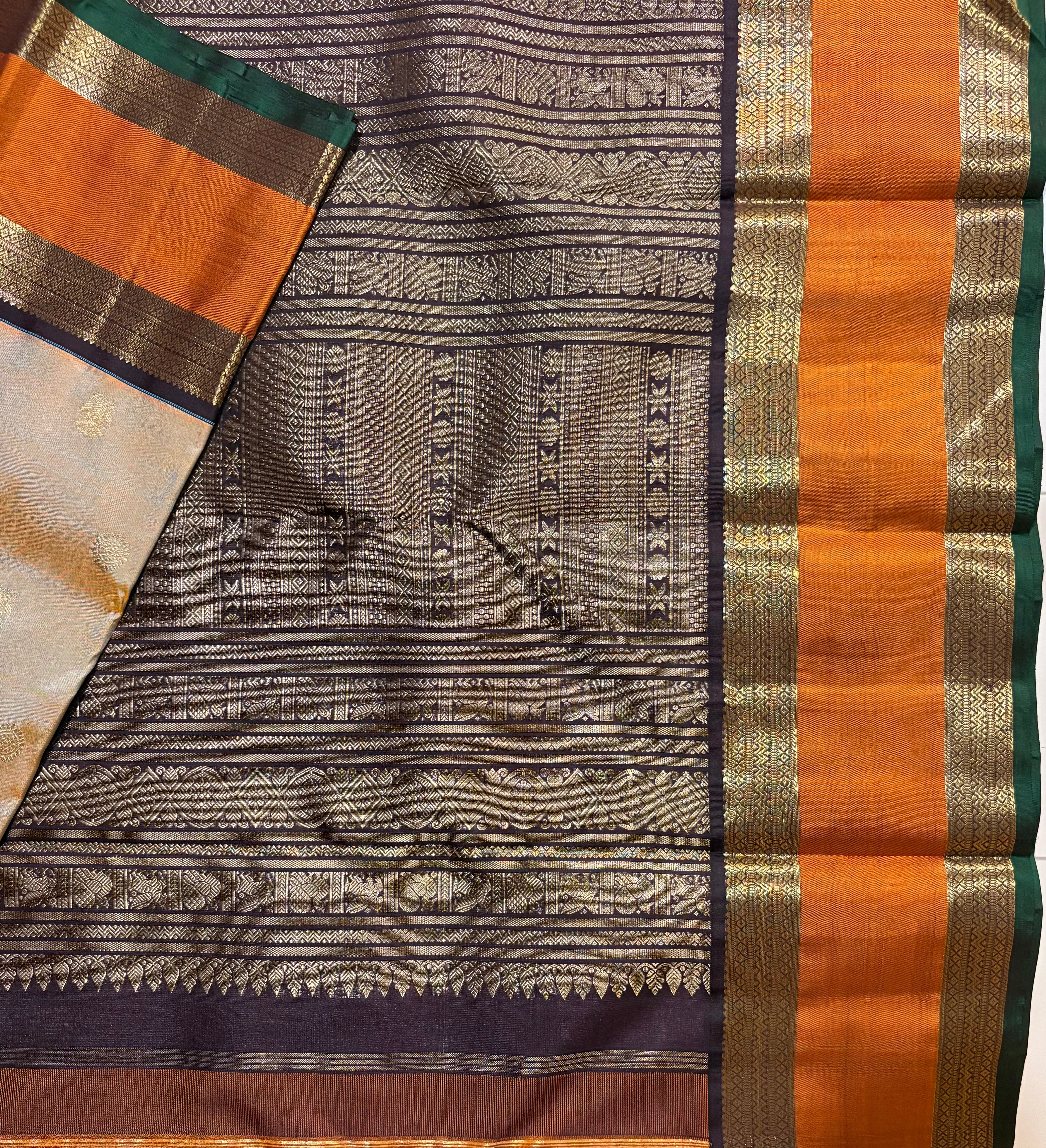 Orangish Grey Korvai Handloom Kanjivaram Silk Saree with Kanchana border - RK0359