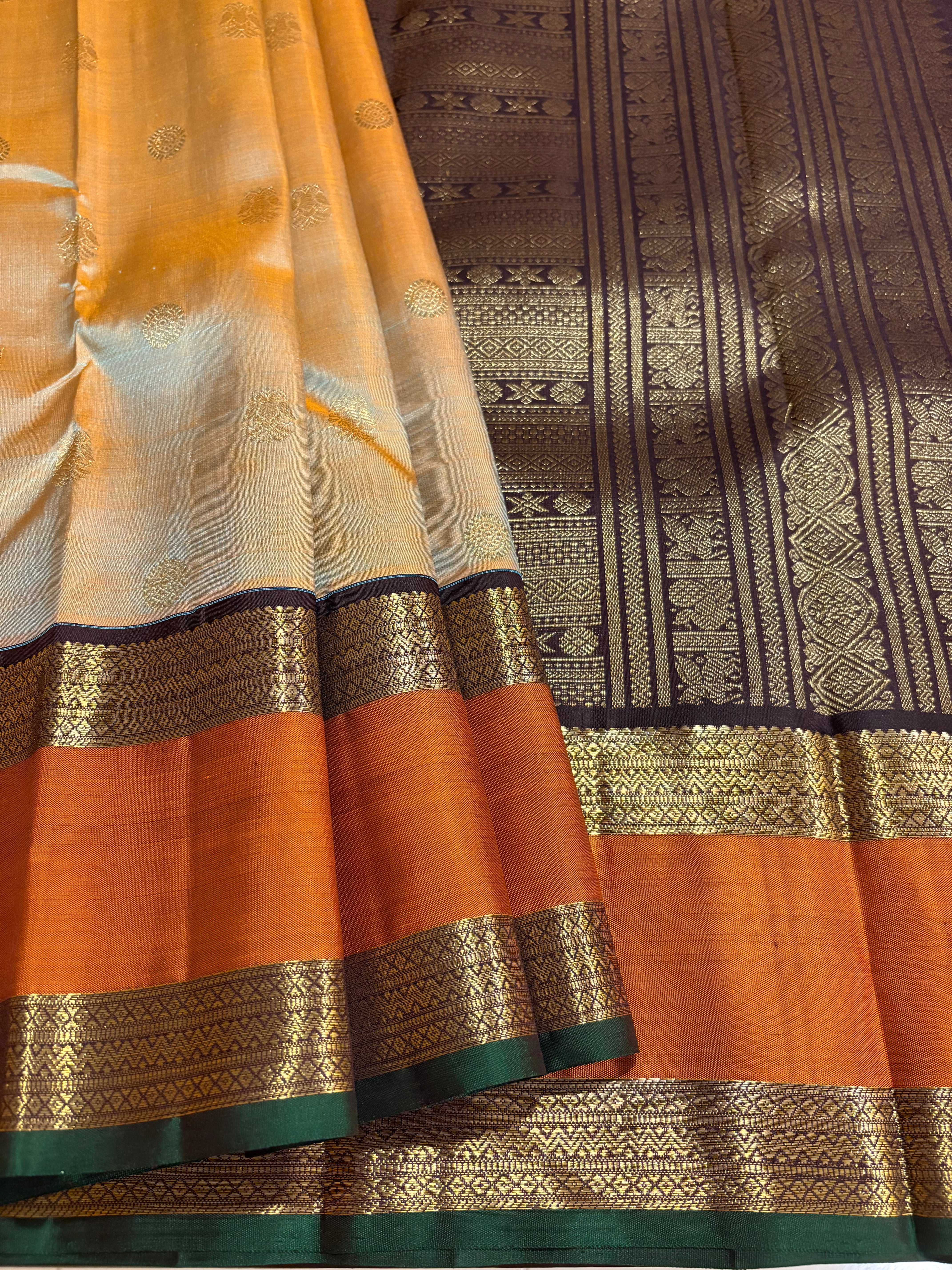 Orangish Grey Korvai Handloom Kanjivaram Silk Saree with Kanchana border - RK0359