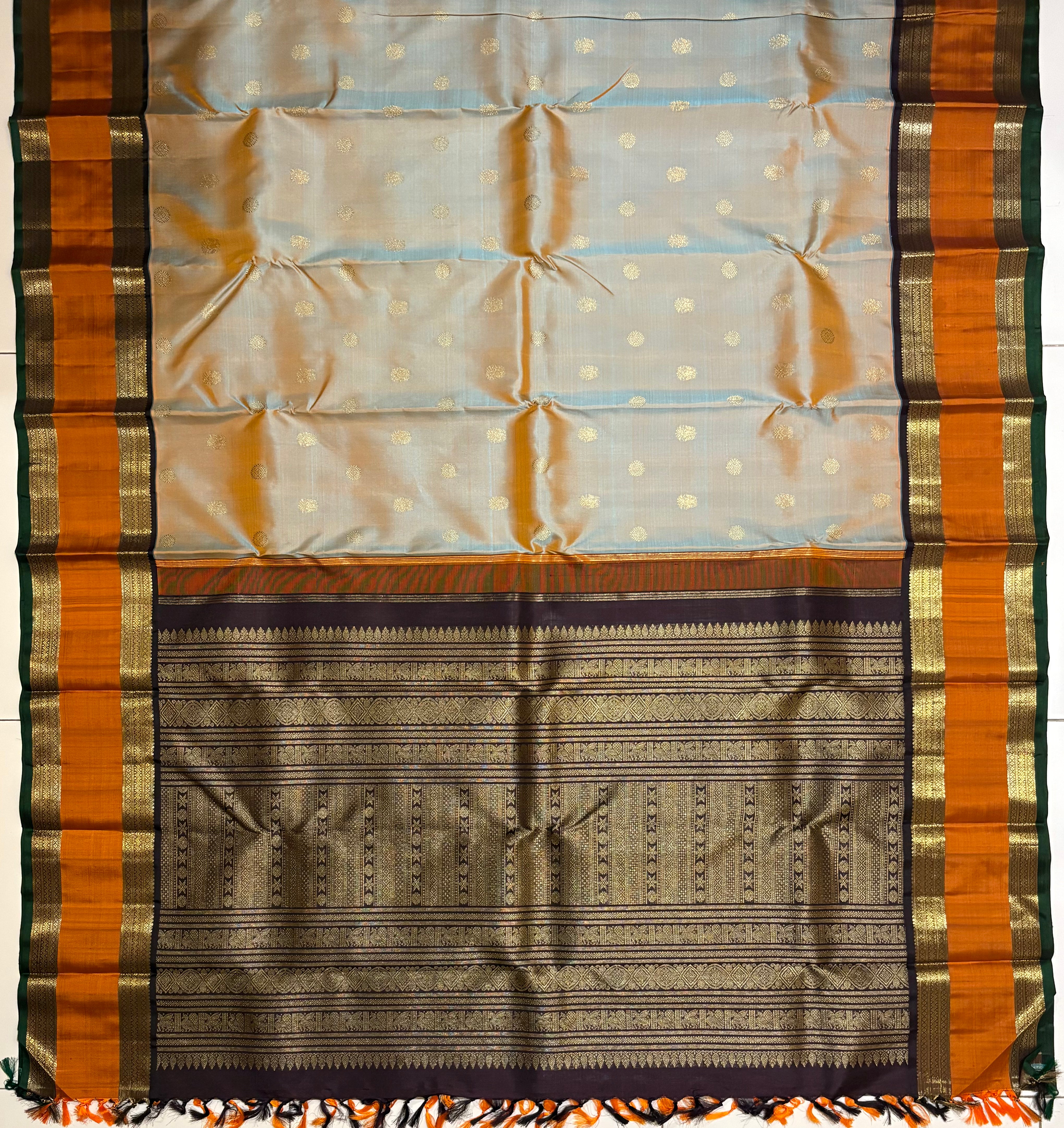 Orangish Grey Korvai Handloom Kanjivaram Silk Saree with Kanchana border - RK0359