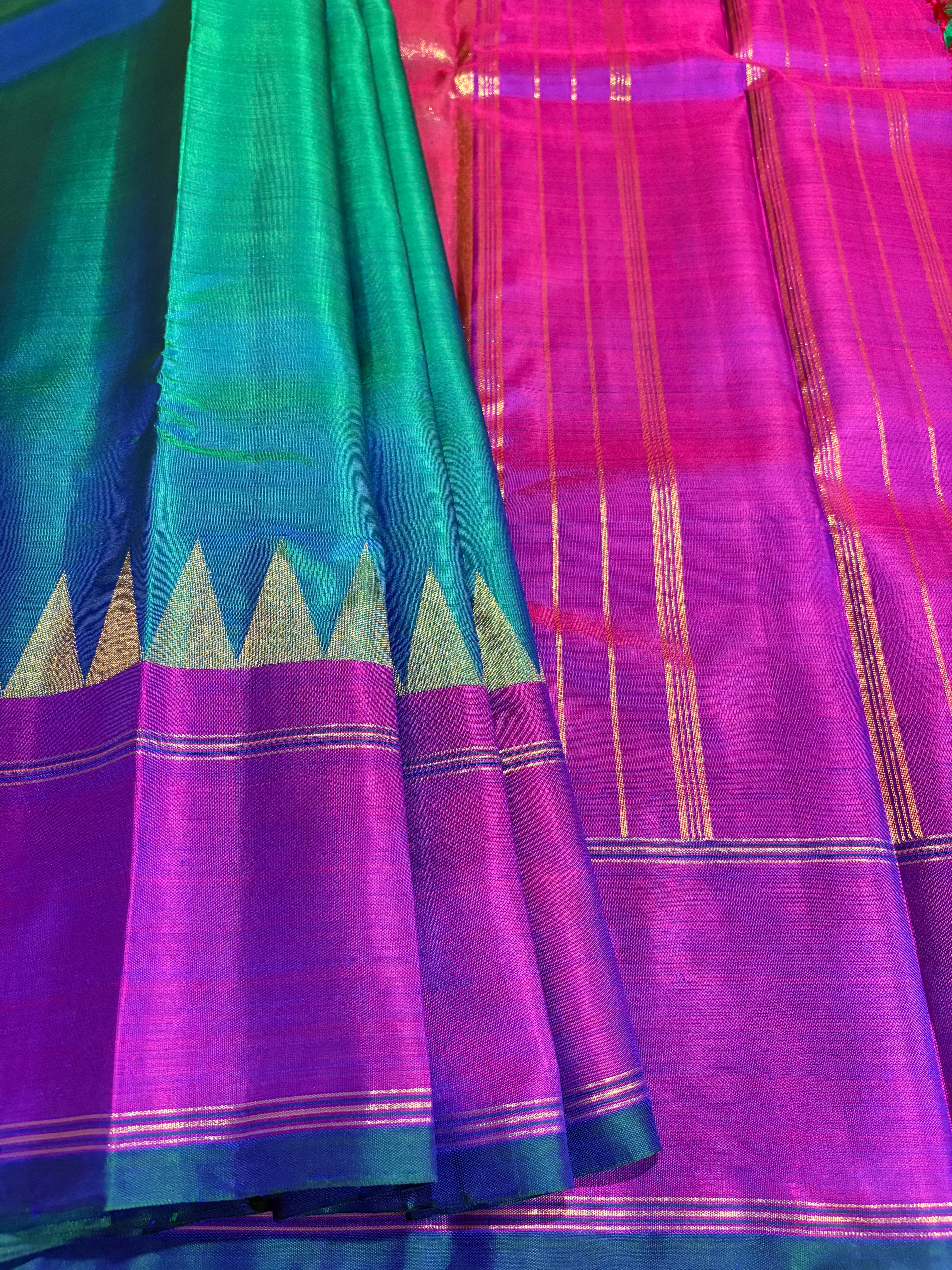 Peacock blue Handloom Kanjivaram Silk Saree with Majenta border - RK0443
