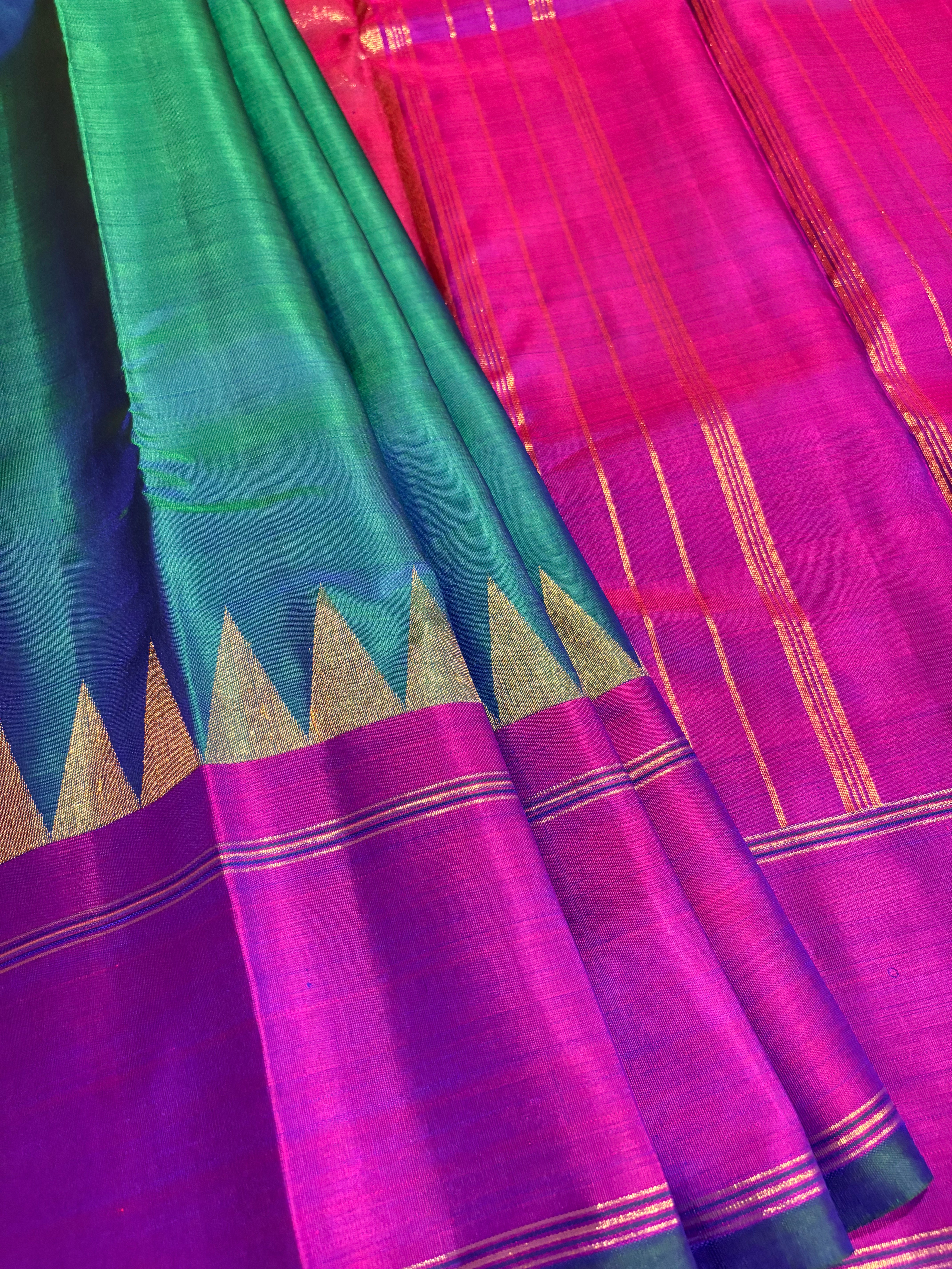 Peacock blue Handloom Kanjivaram Silk Saree with Majenta border - RK0443