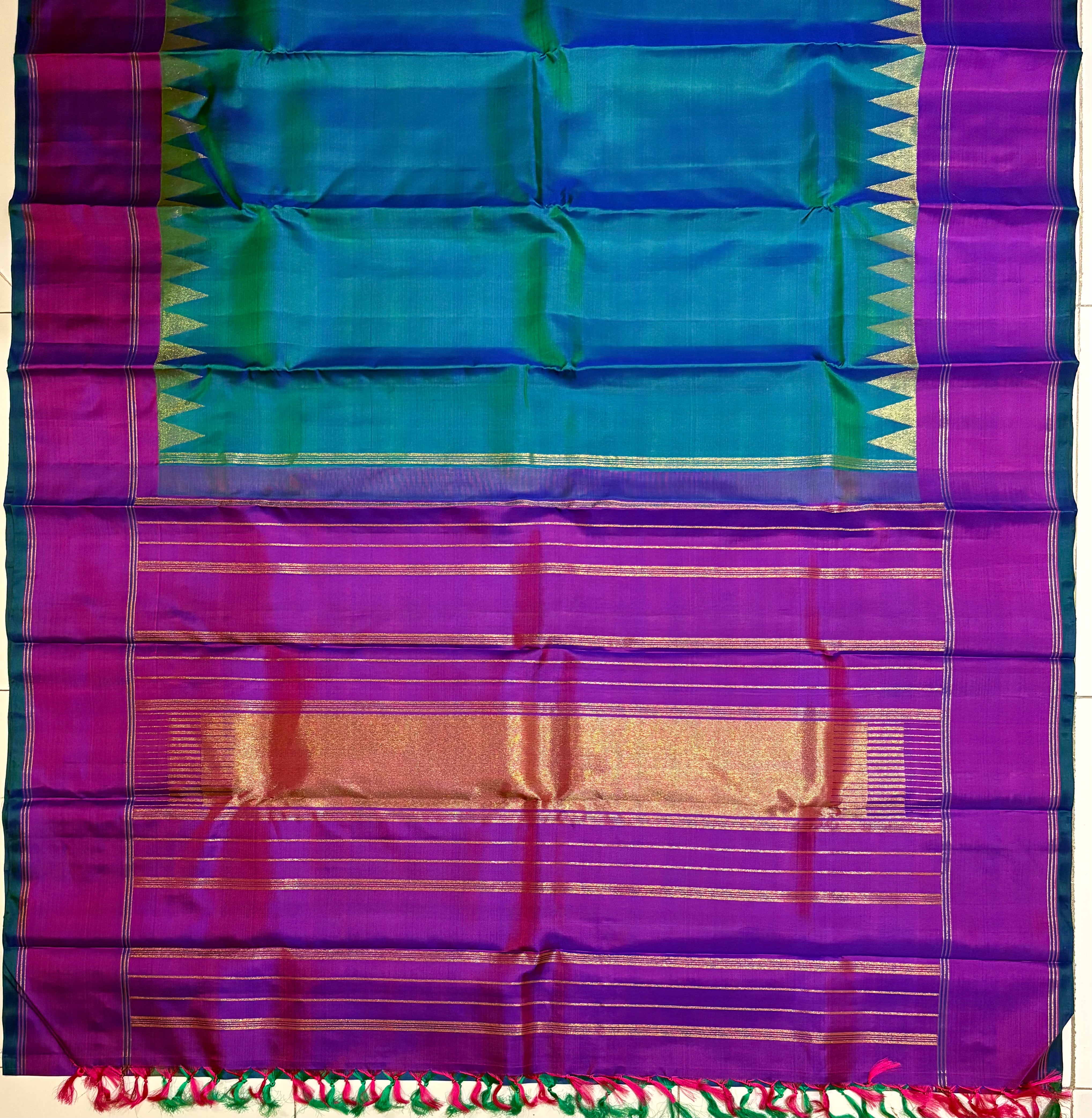 Peacock blue Handloom Kanjivaram Silk Saree with Majenta border - RK0443