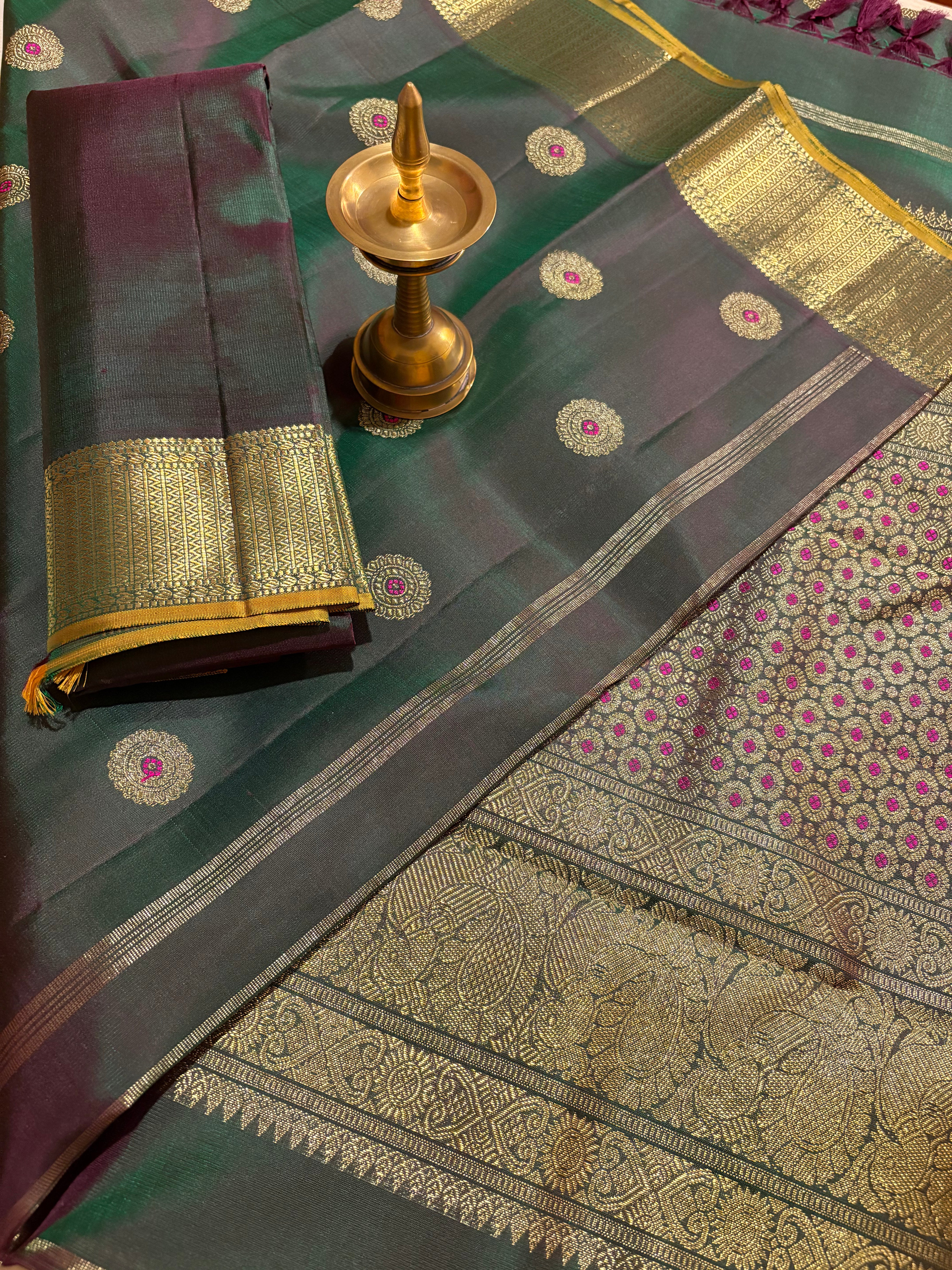Beetle nut by Green Monotone Handloom Kanjivaram Silk Saree with Meenakari buttas - RK0418