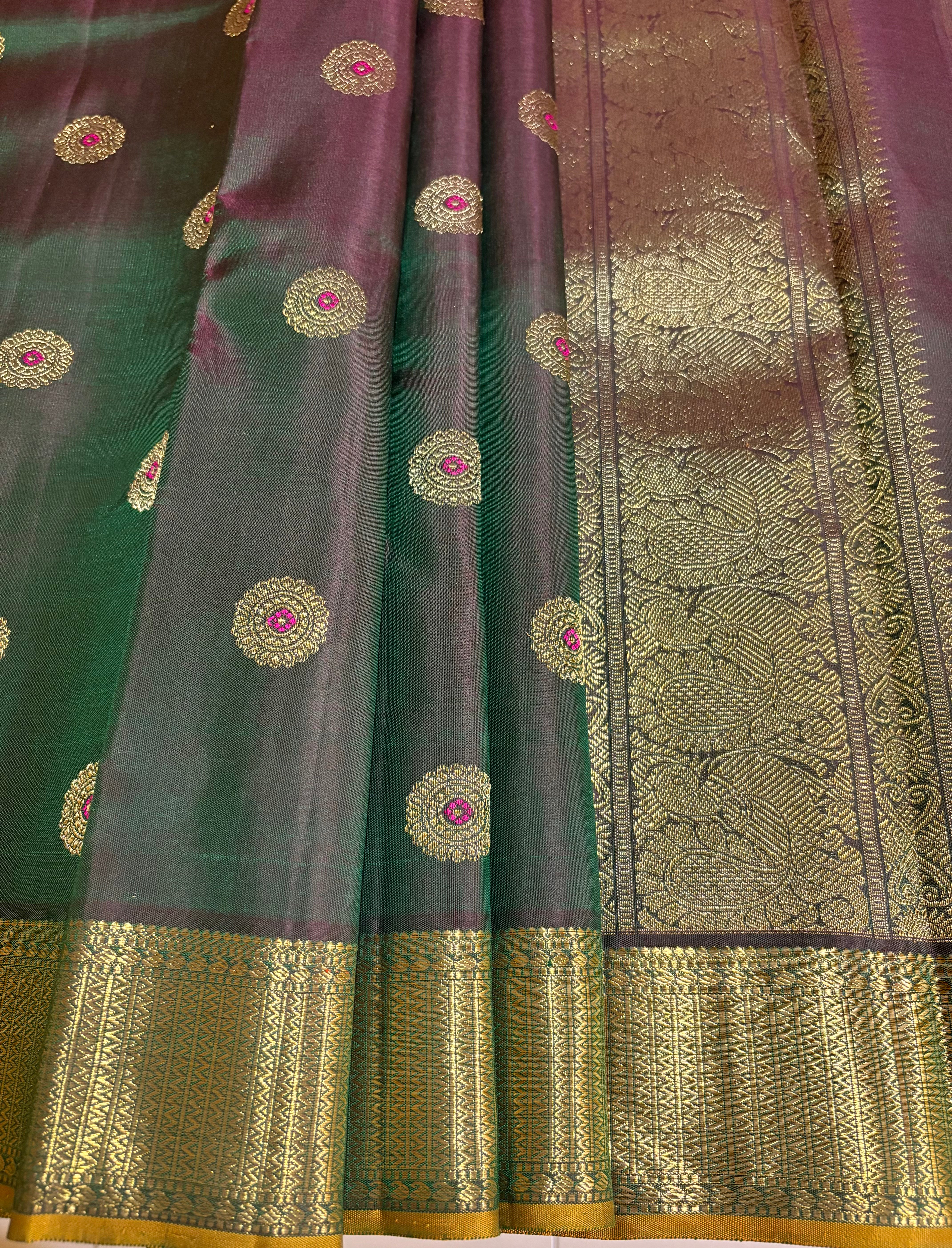 Beetle nut by Green Monotone Handloom Kanjivaram Silk Saree with Meenakari buttas - RK0418