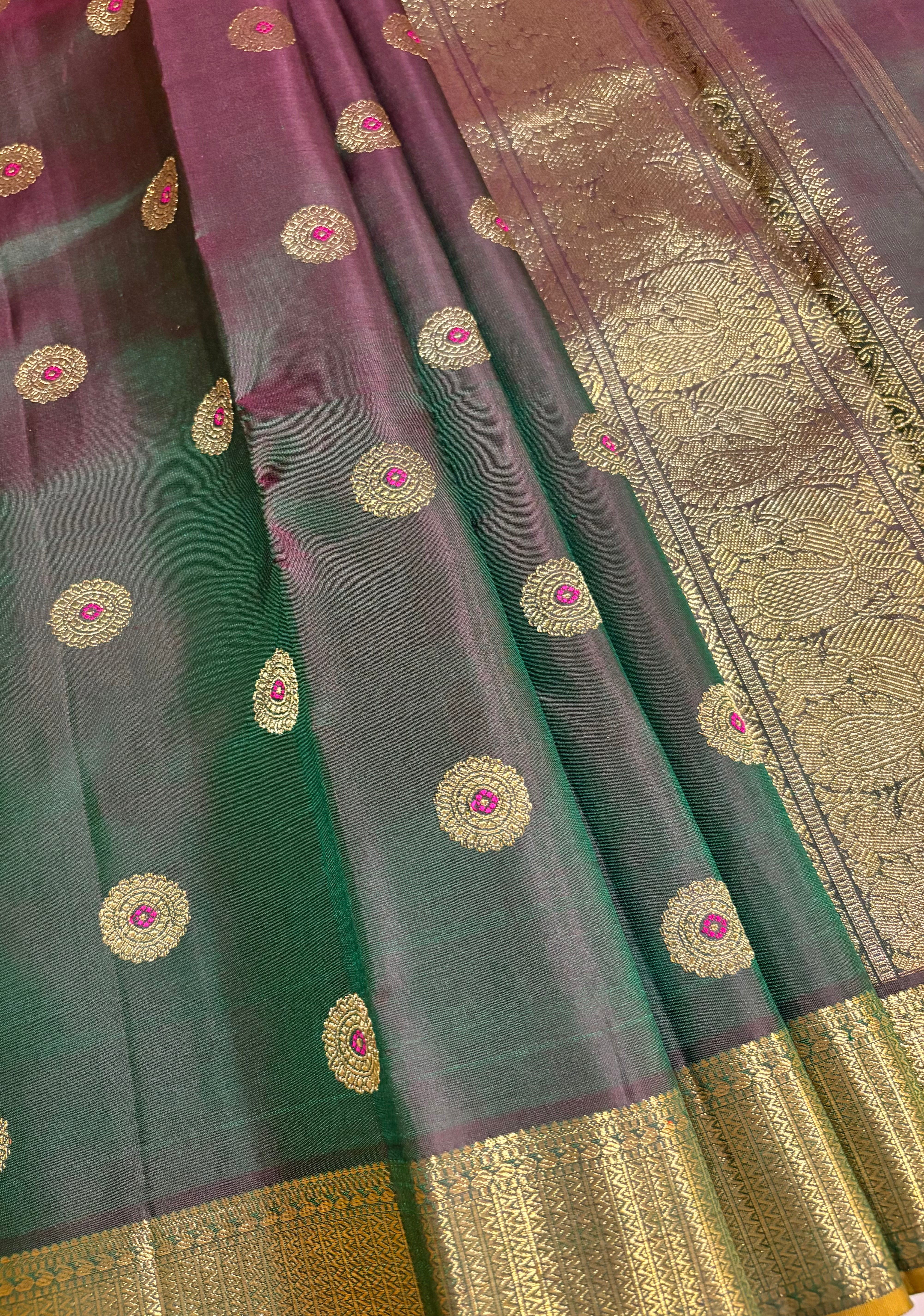 Beetle nut by Green Monotone Handloom Kanjivaram Silk Saree with Meenakari buttas - RK0418