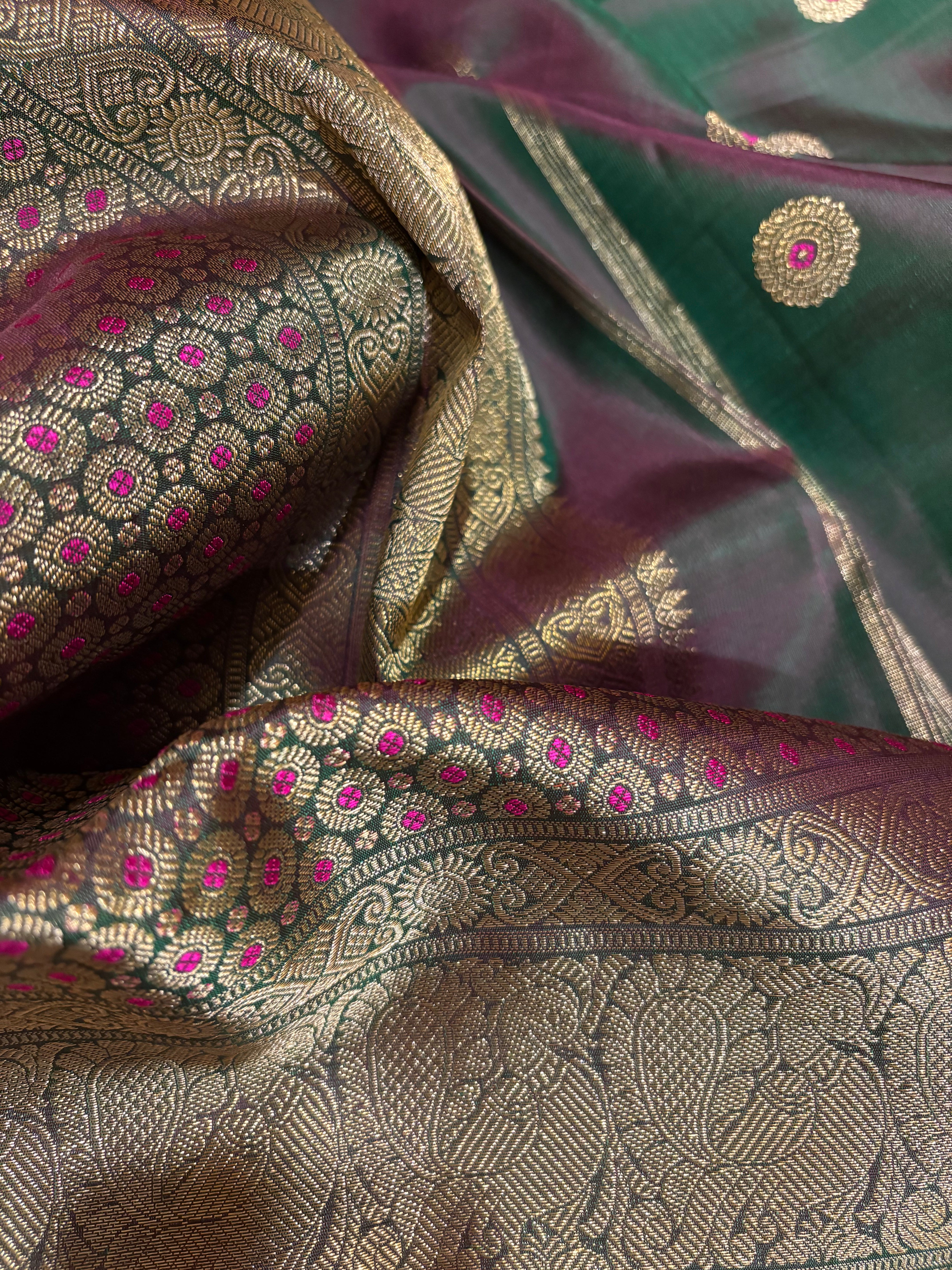 Beetle nut by Green Monotone Handloom Kanjivaram Silk Saree with Meenakari buttas - RK0418