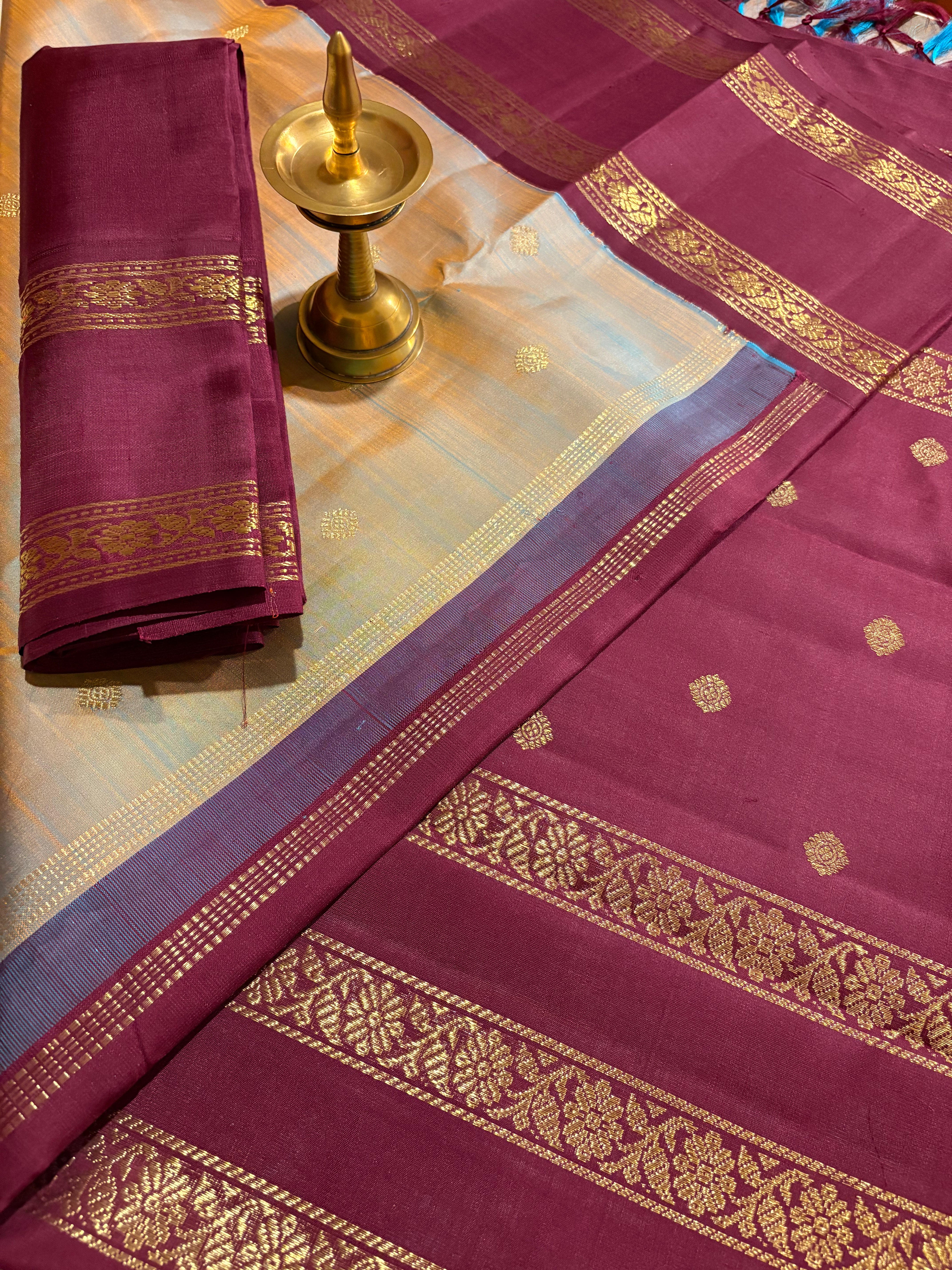 Orangy Grey Korvai Handloom Kanjivaram Silk Saree with Paaku Border - RK0506