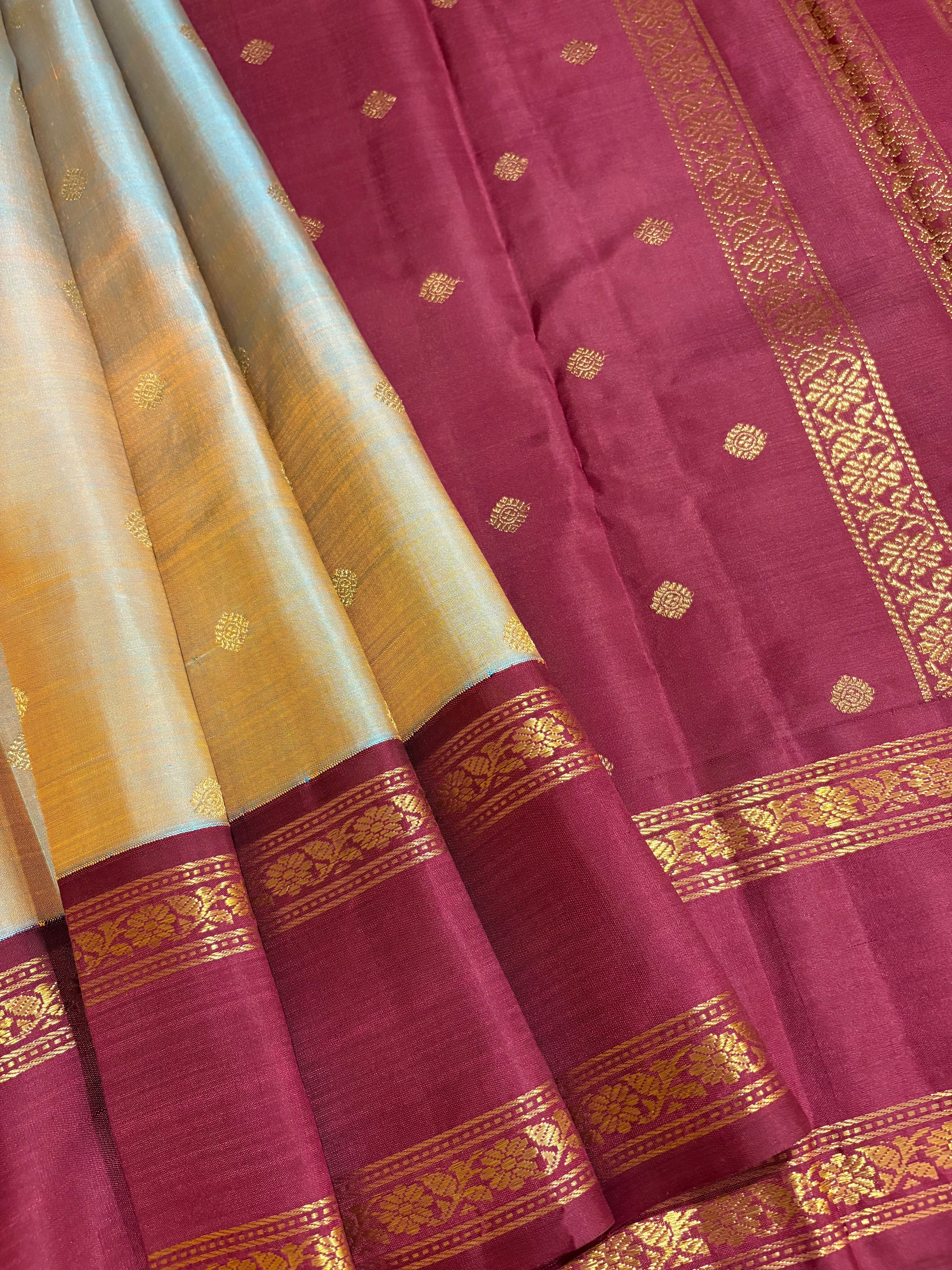 Orangy Grey Korvai Handloom Kanjivaram Silk Saree with Paaku Border - RK0506