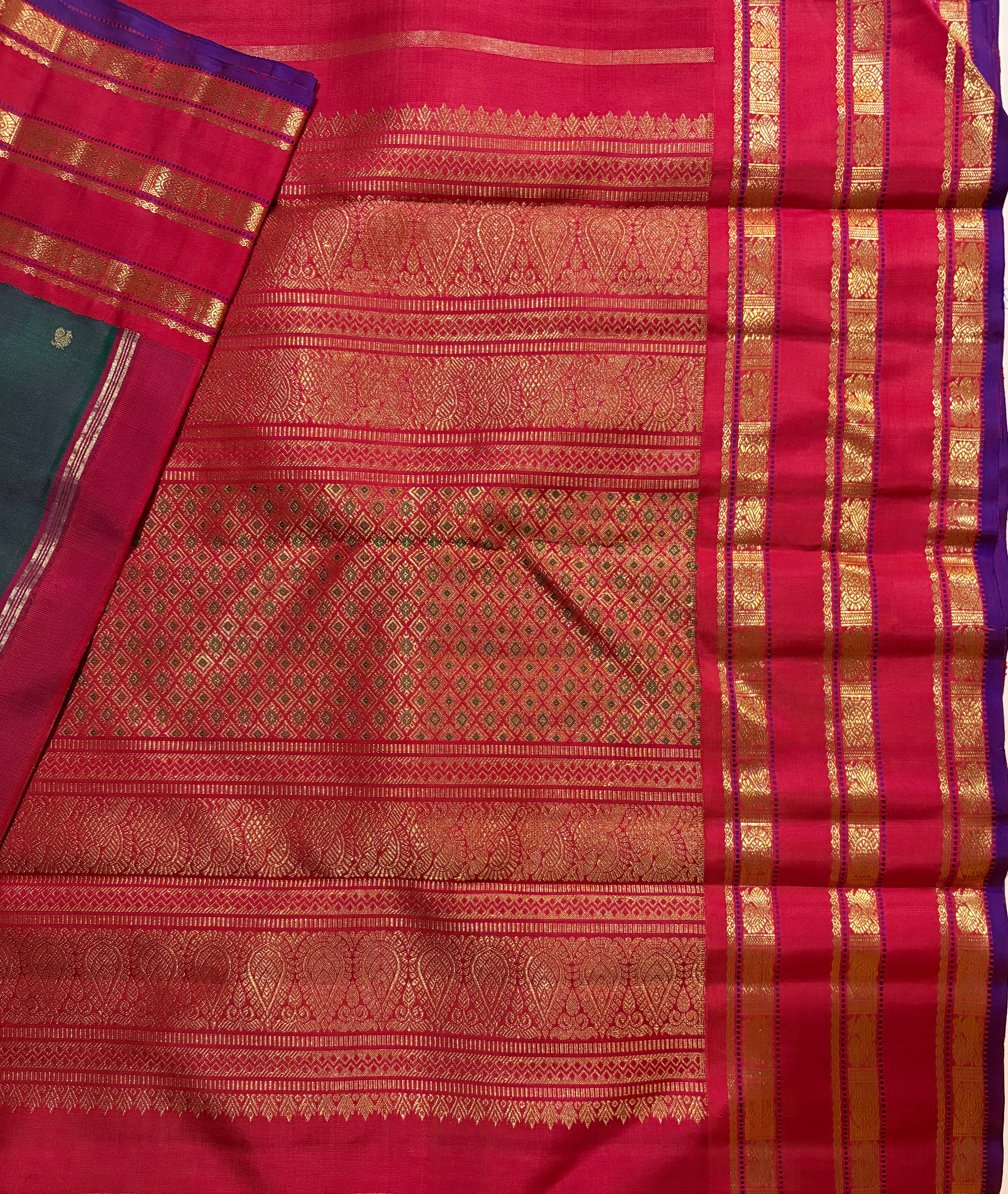 Double shaded Purple by Green Korvai Handloom Kanjivaram Silk Saree with Arakku border - RK0347