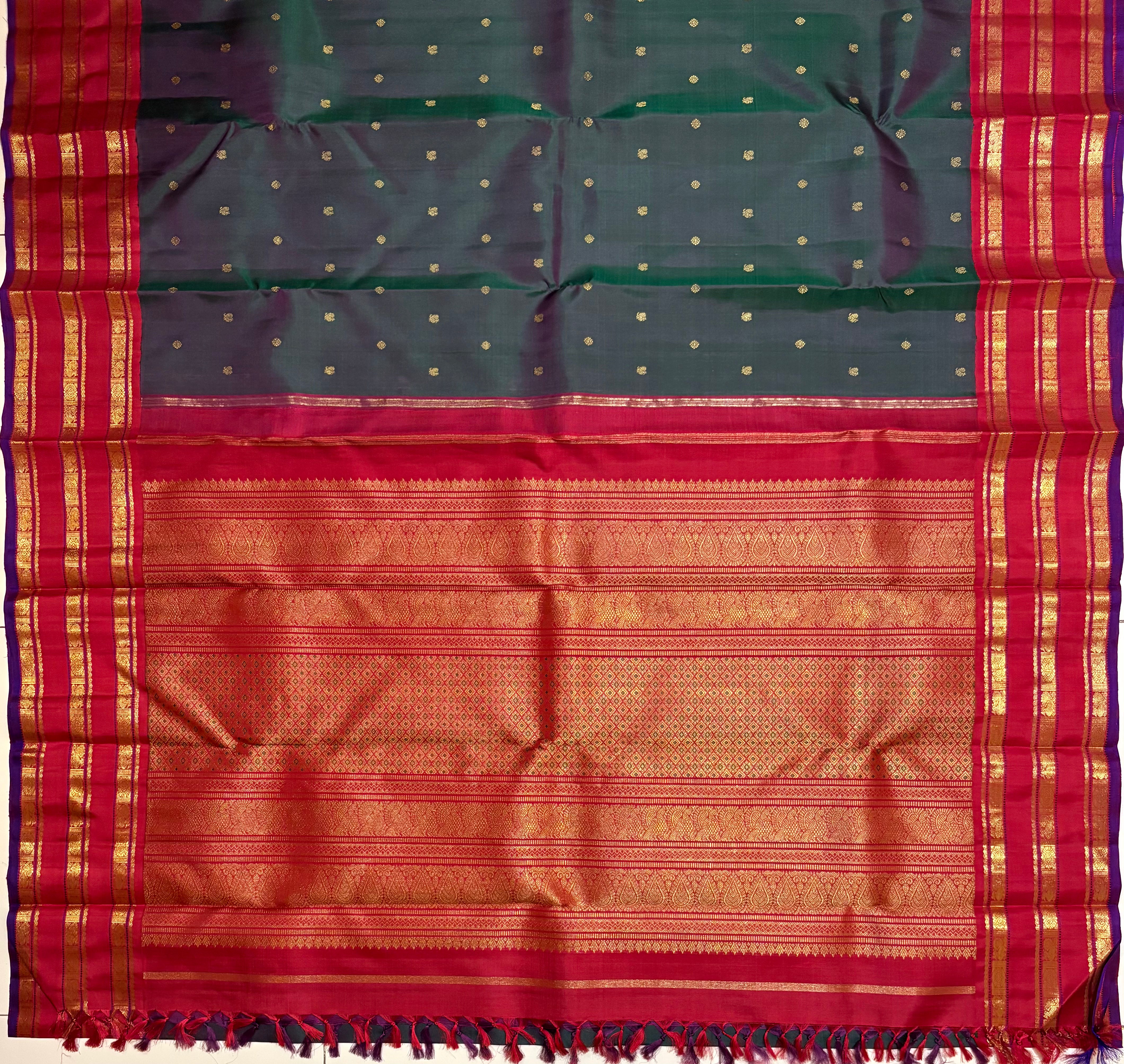 Double shaded Purple by Green Korvai Handloom Kanjivaram Silk Saree with Arakku border - RK0347