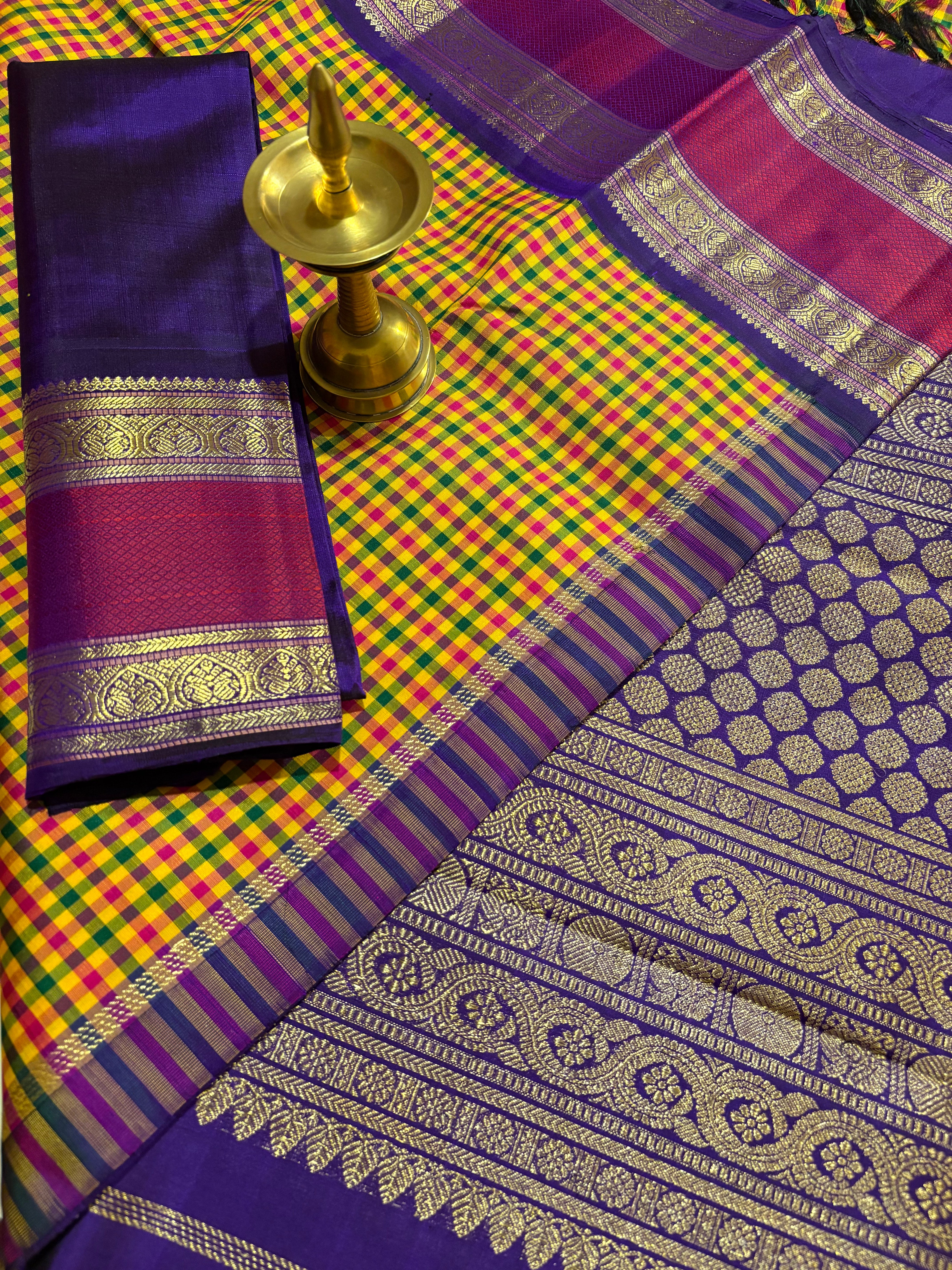 Palum Pazhamum Podi kattam Korvai Handloom Kanjivaram Silk Saree with Purple Border - RK0383