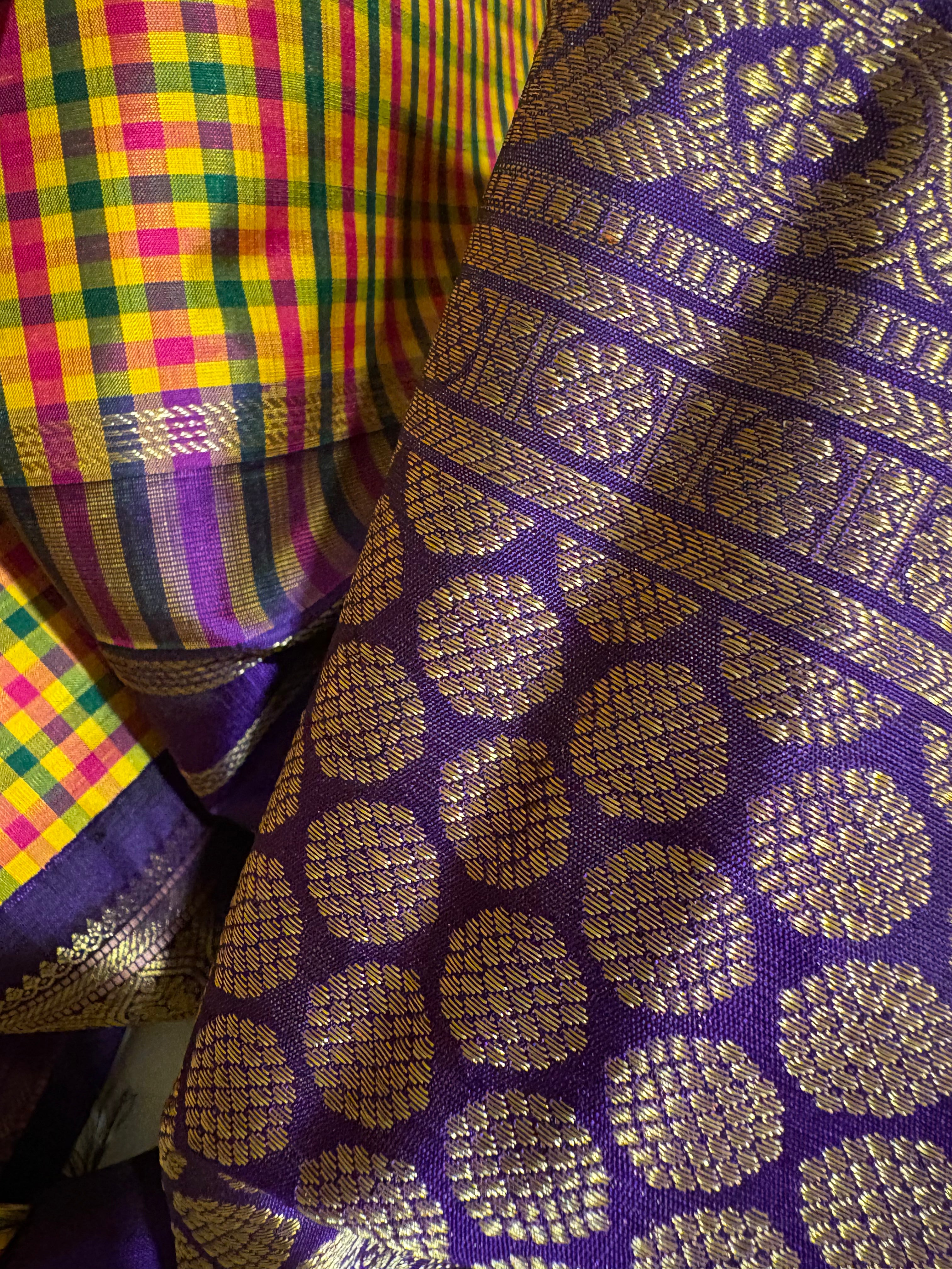 Palum Pazhamum Podi kattam Korvai Handloom Kanjivaram Silk Saree with Purple Border - RK0383