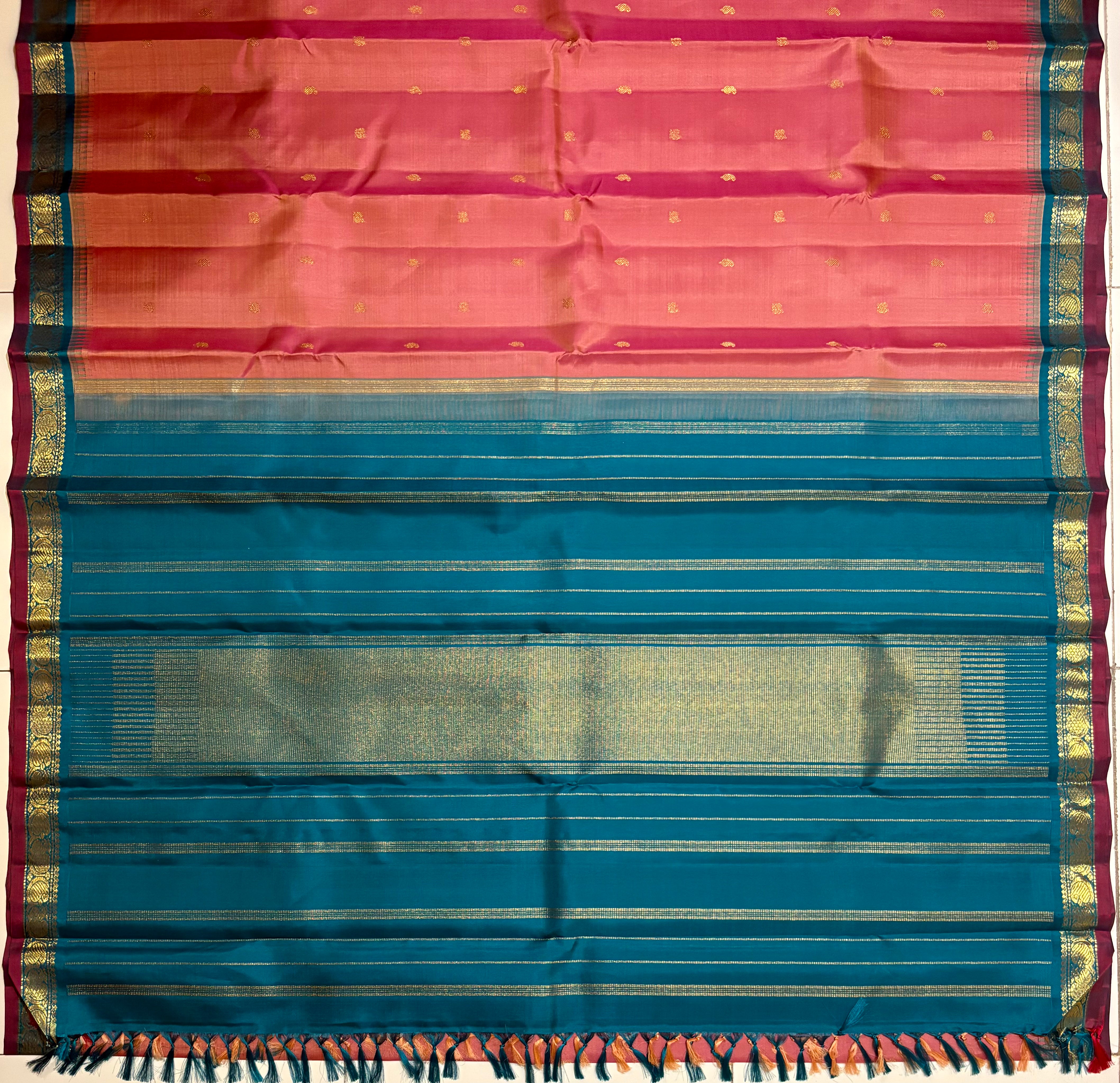 Fresh Onion Pink Korvai Handloom Kanjivaram Silk Saree with Ramar Green Border - RK0495