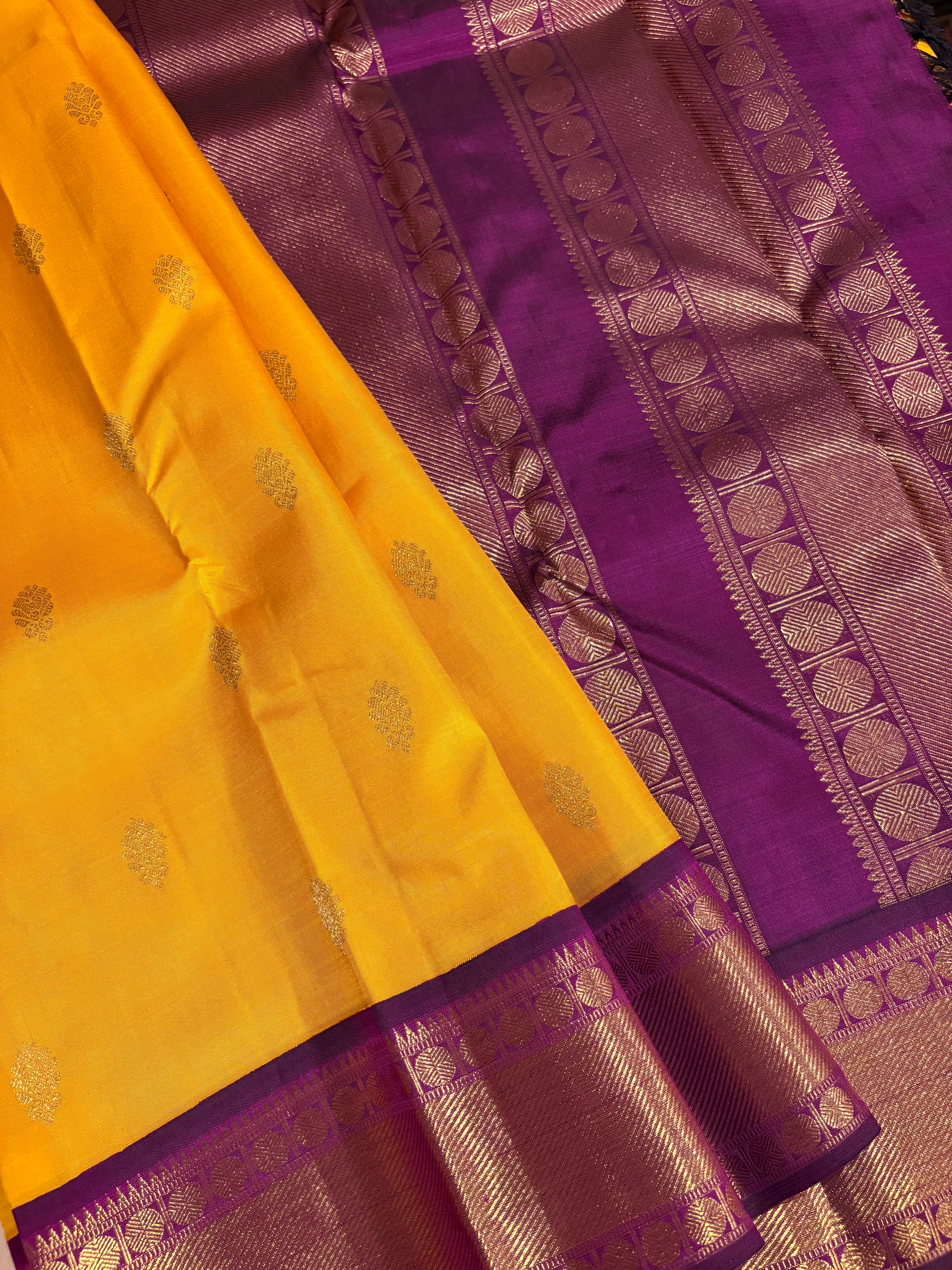 Mustard Korvai Handloom Kanjivaram Silk Saree with Majenta Border - RK0368