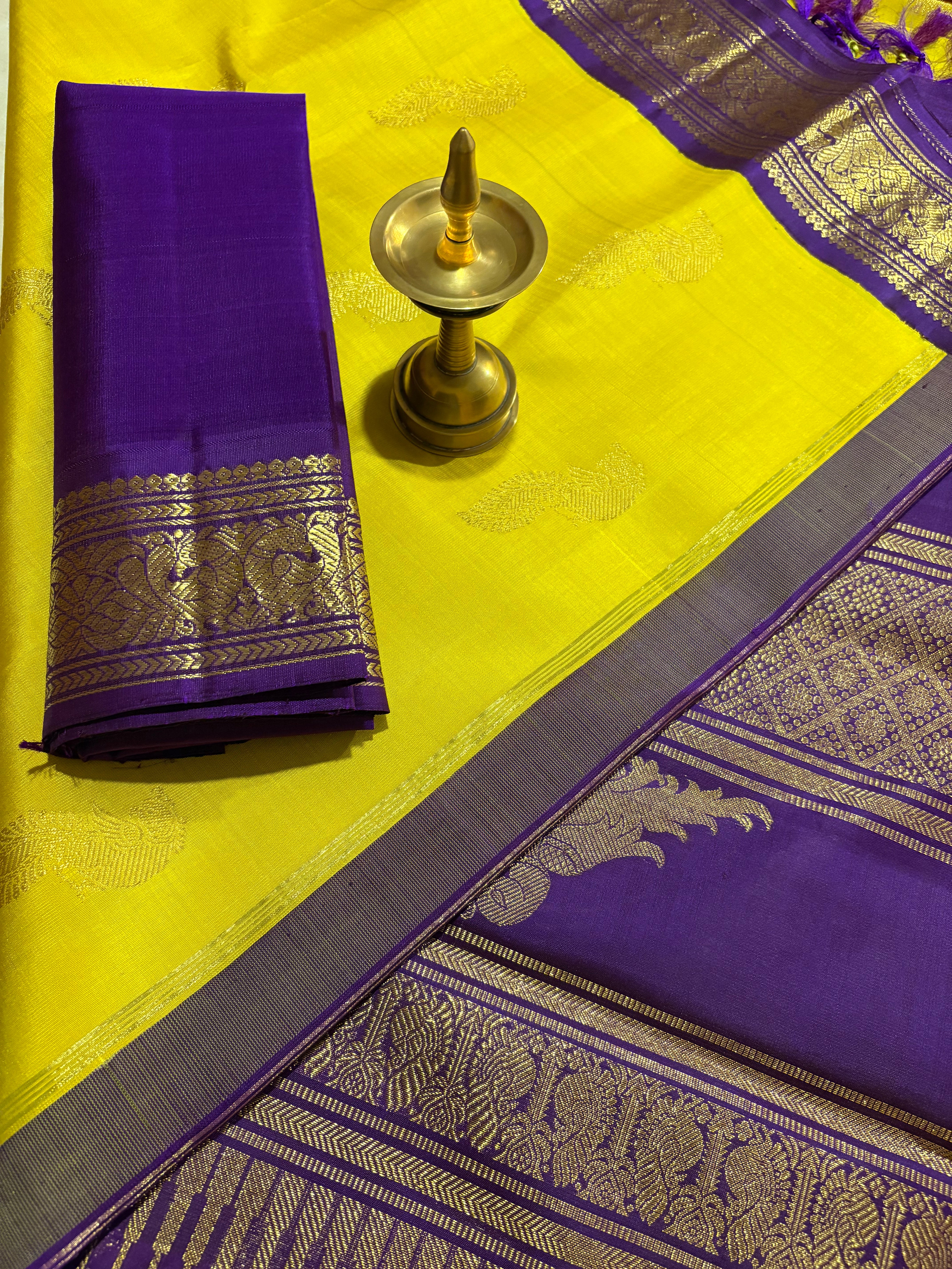 Sampanga Green Korvai Kanjivaram Silk Saree with Purple Border - RK0529