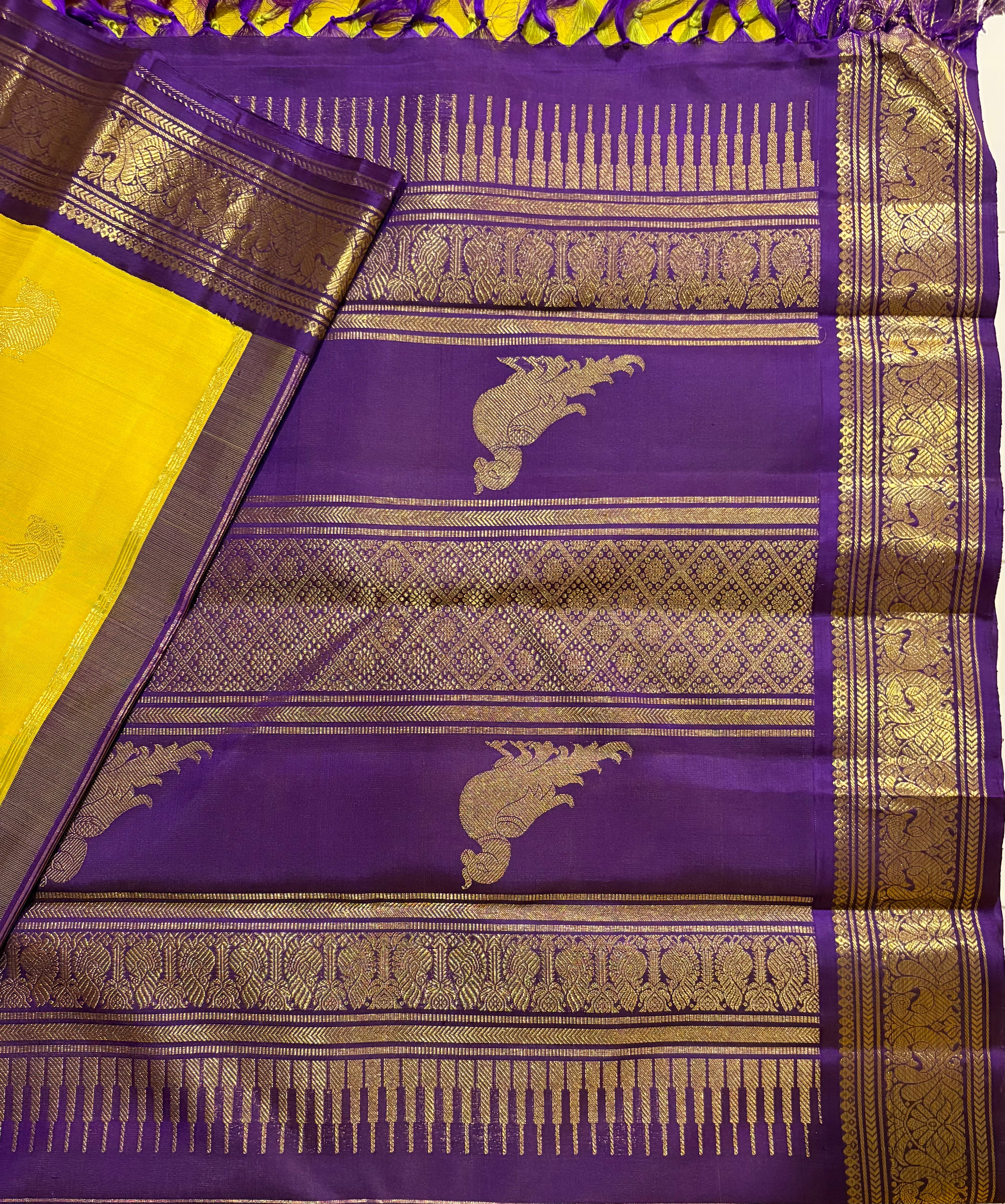 Sampanga Green Korvai Kanjivaram Silk Saree with Purple Border - RK0529