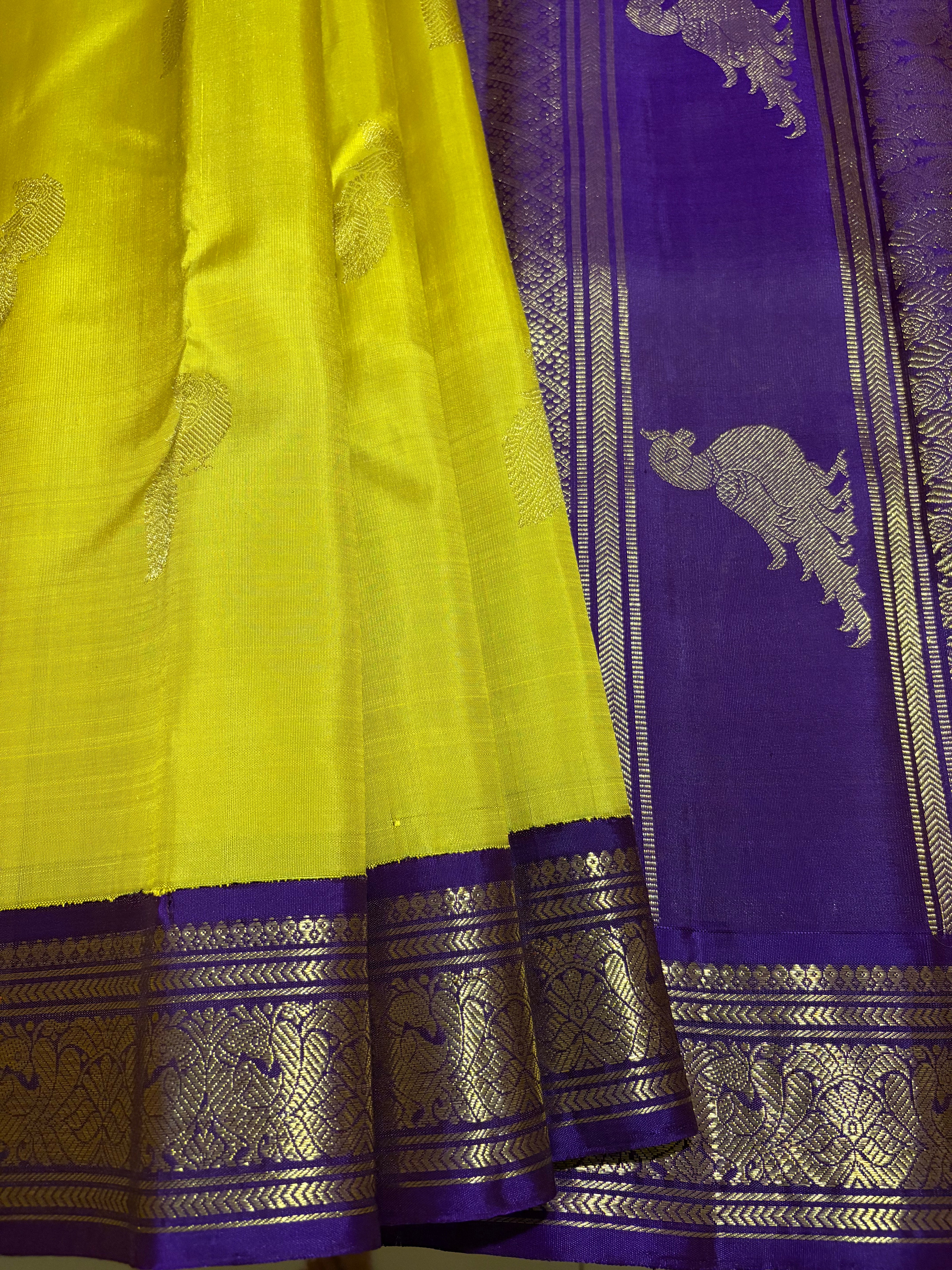Sampanga Green Korvai Kanjivaram Silk Saree with Purple Border - RK0529