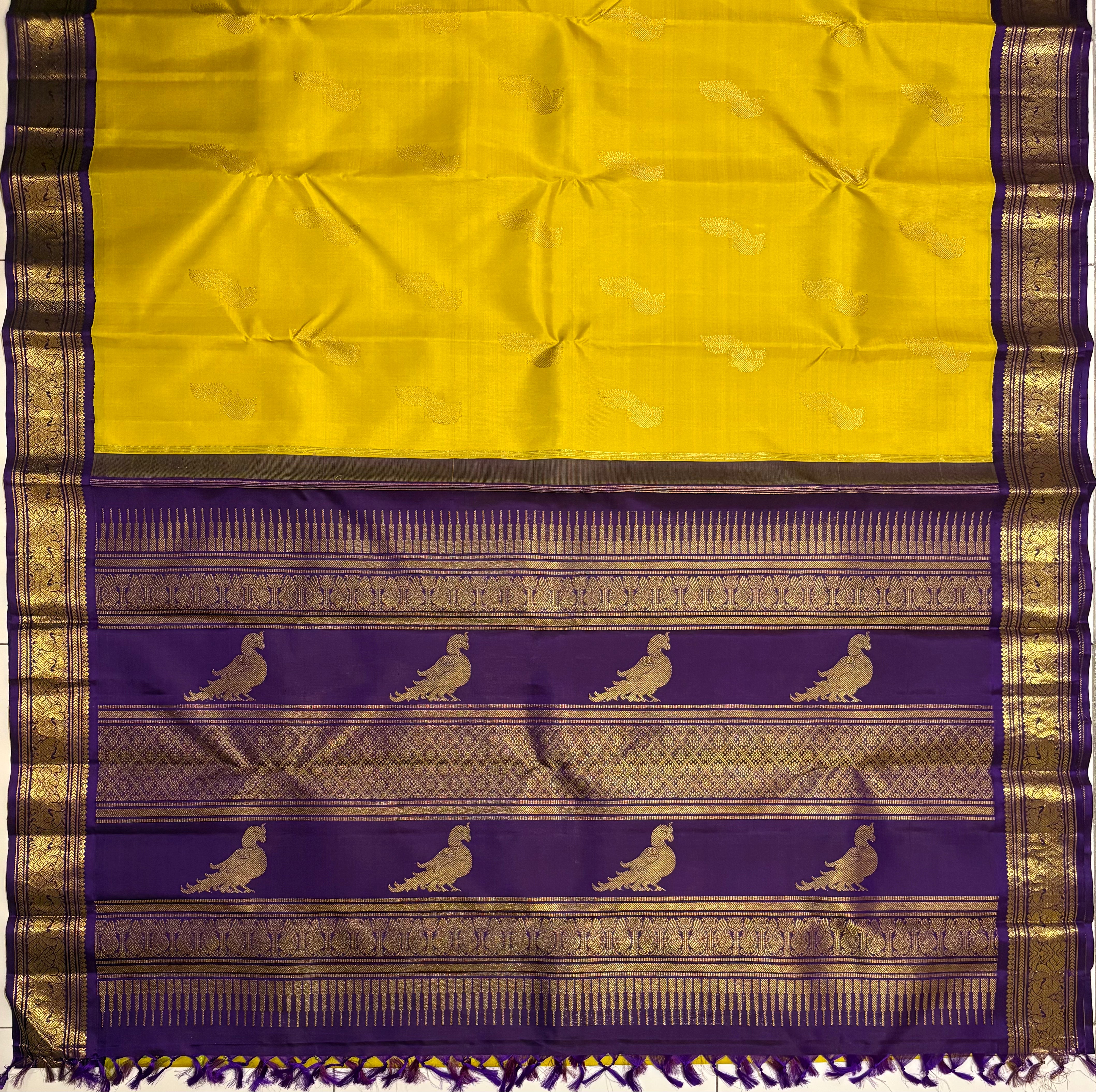 Sampanga Green Korvai Kanjivaram Silk Saree with Purple Border - RK0529