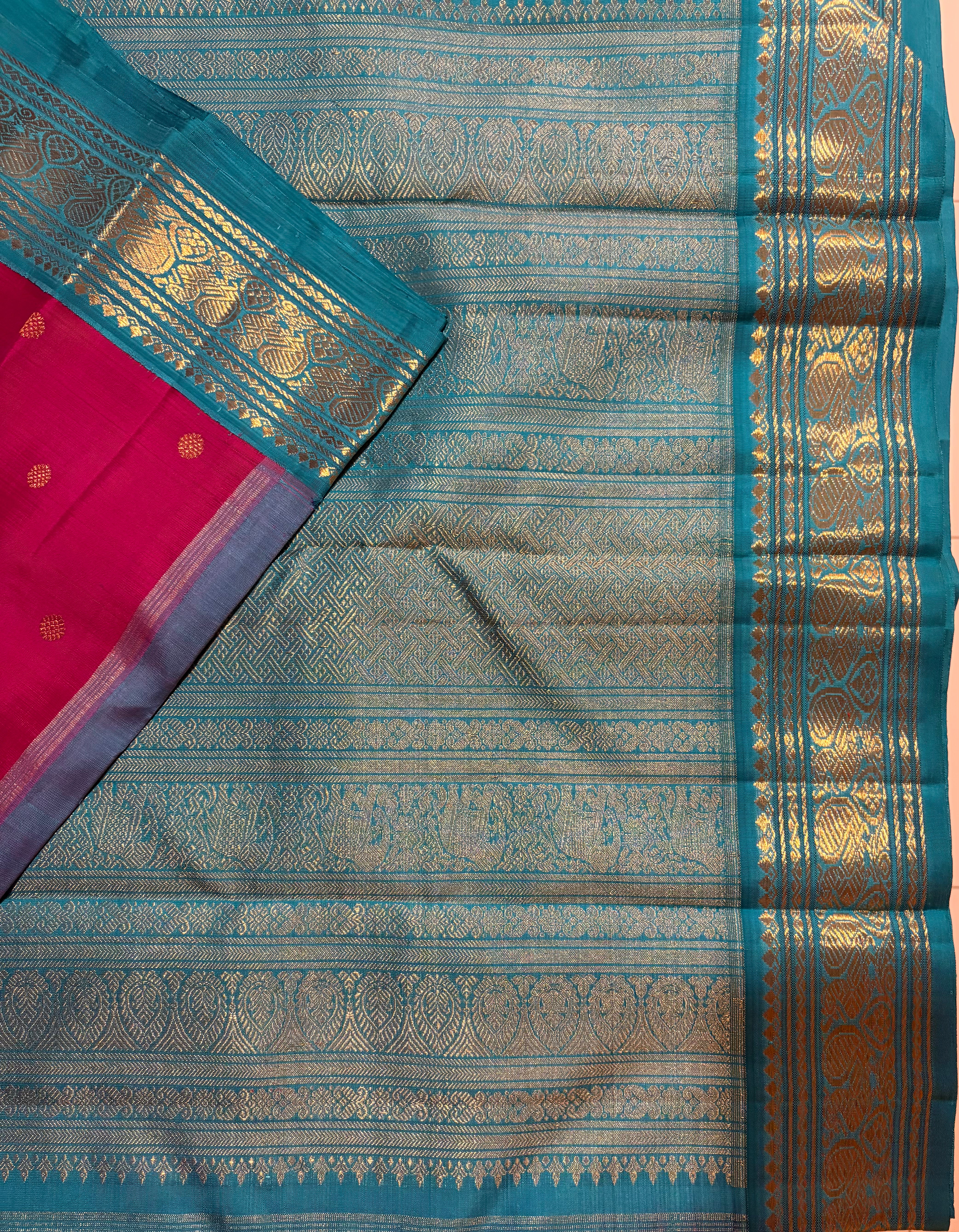 Vadamalli Korvai Handloom Kanjivaram Silk Saree with Turquoise Border - RK0524