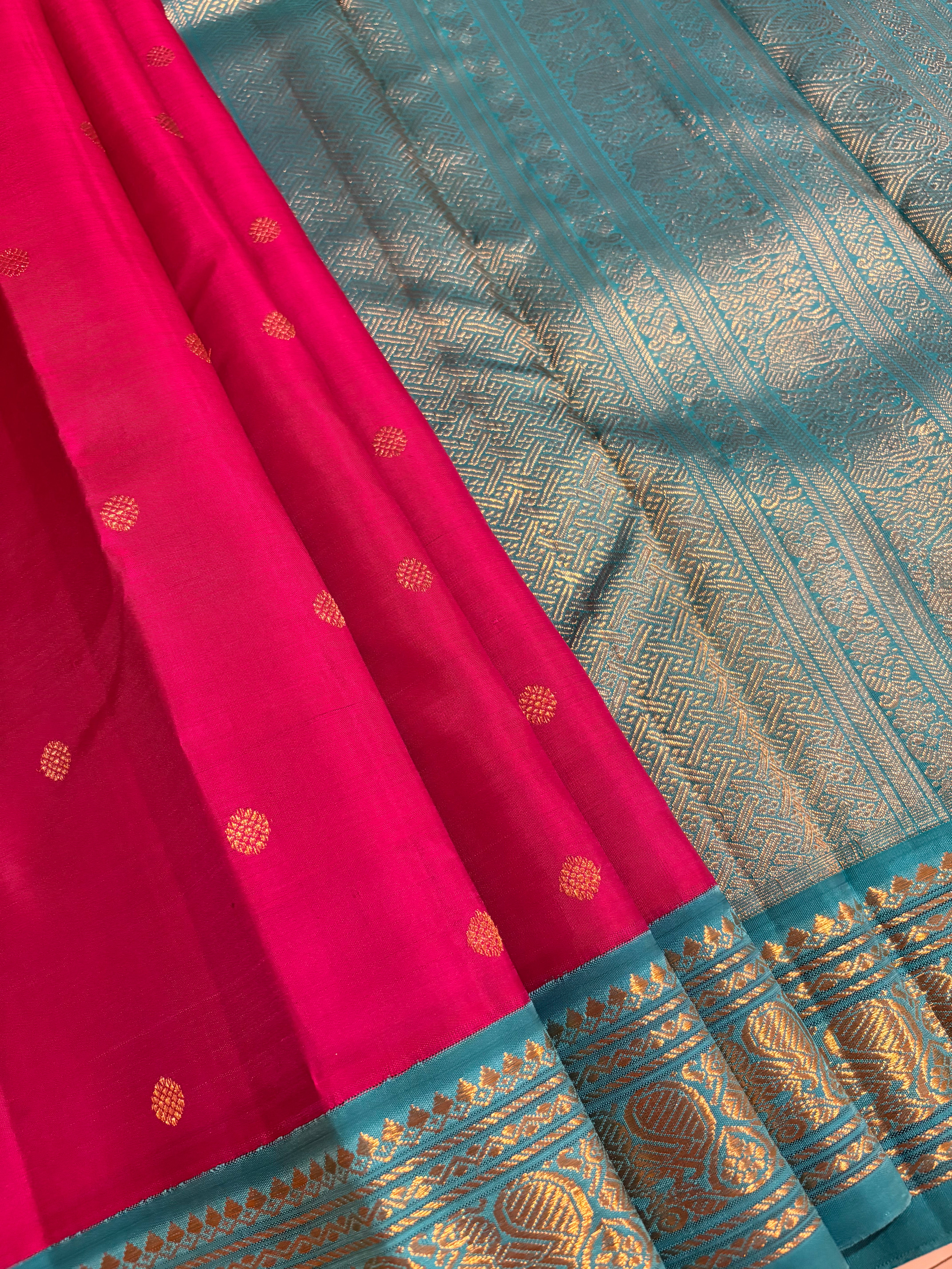 Vadamalli Korvai Handloom Kanjivaram Silk Saree with Turquoise Border - RK0524