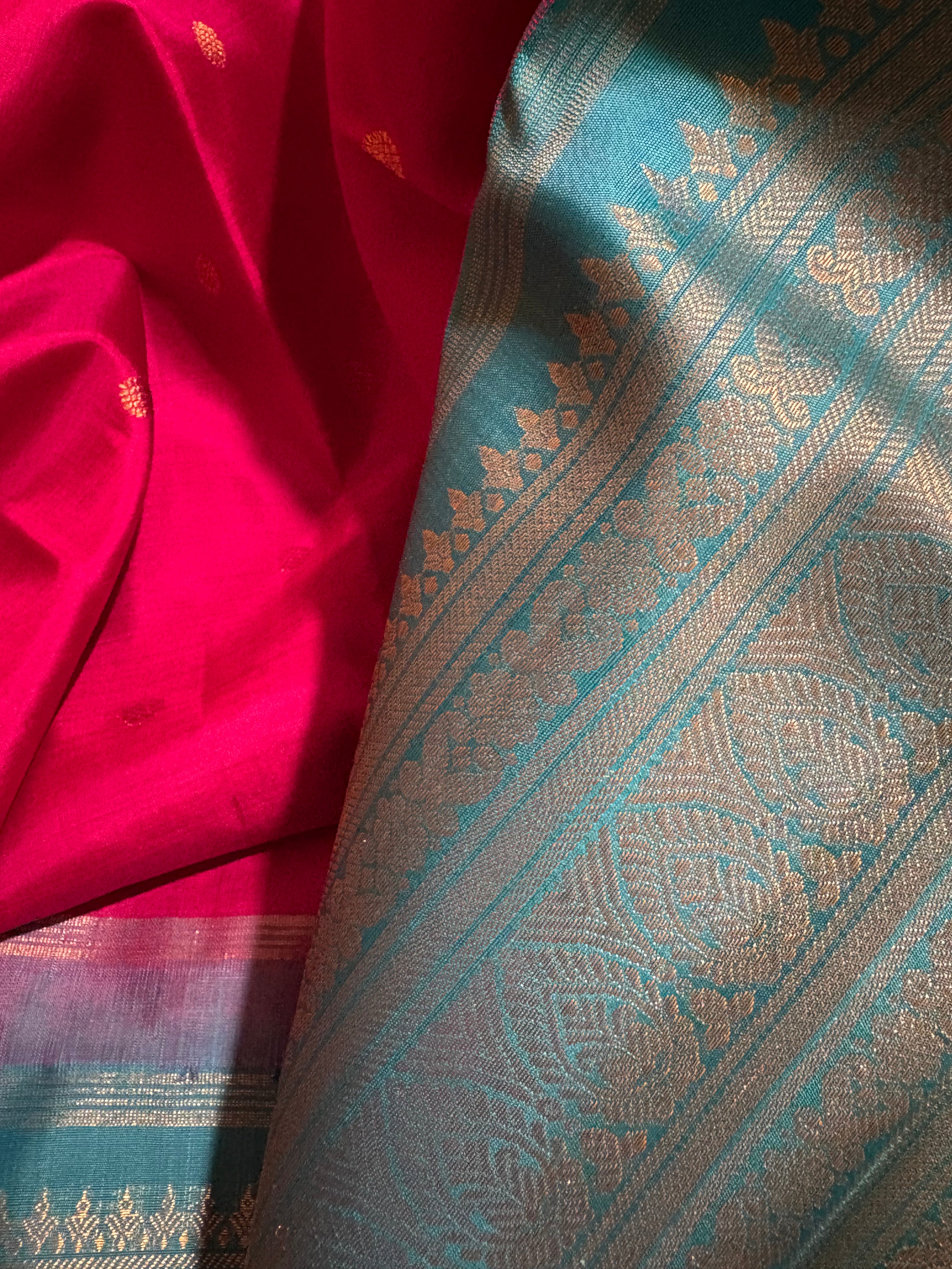 Vadamalli Korvai Handloom Kanjivaram Silk Saree with Turquoise Border - RK0524