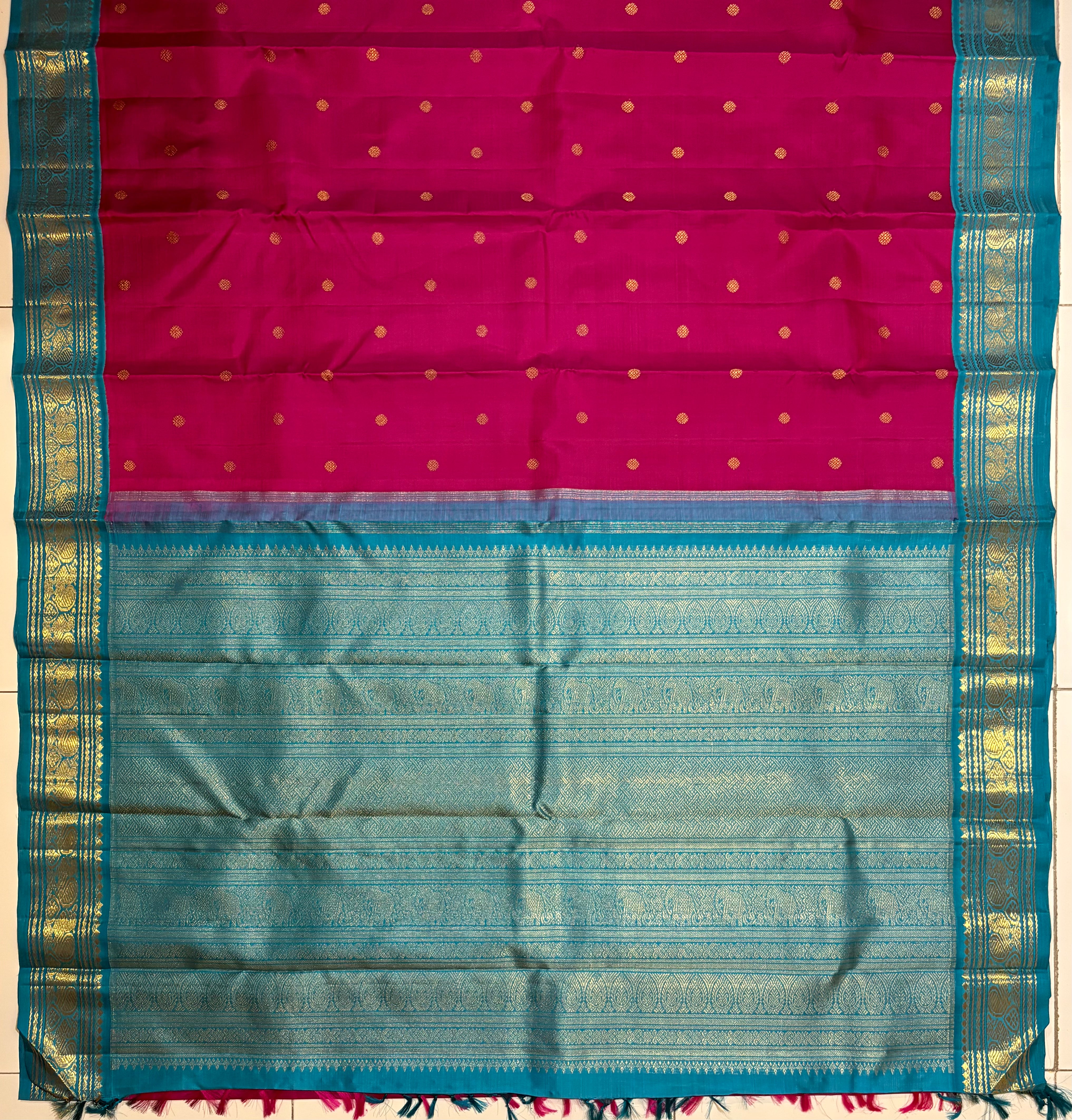 Vadamalli Korvai Handloom Kanjivaram Silk Saree with Turquoise Border - RK0524